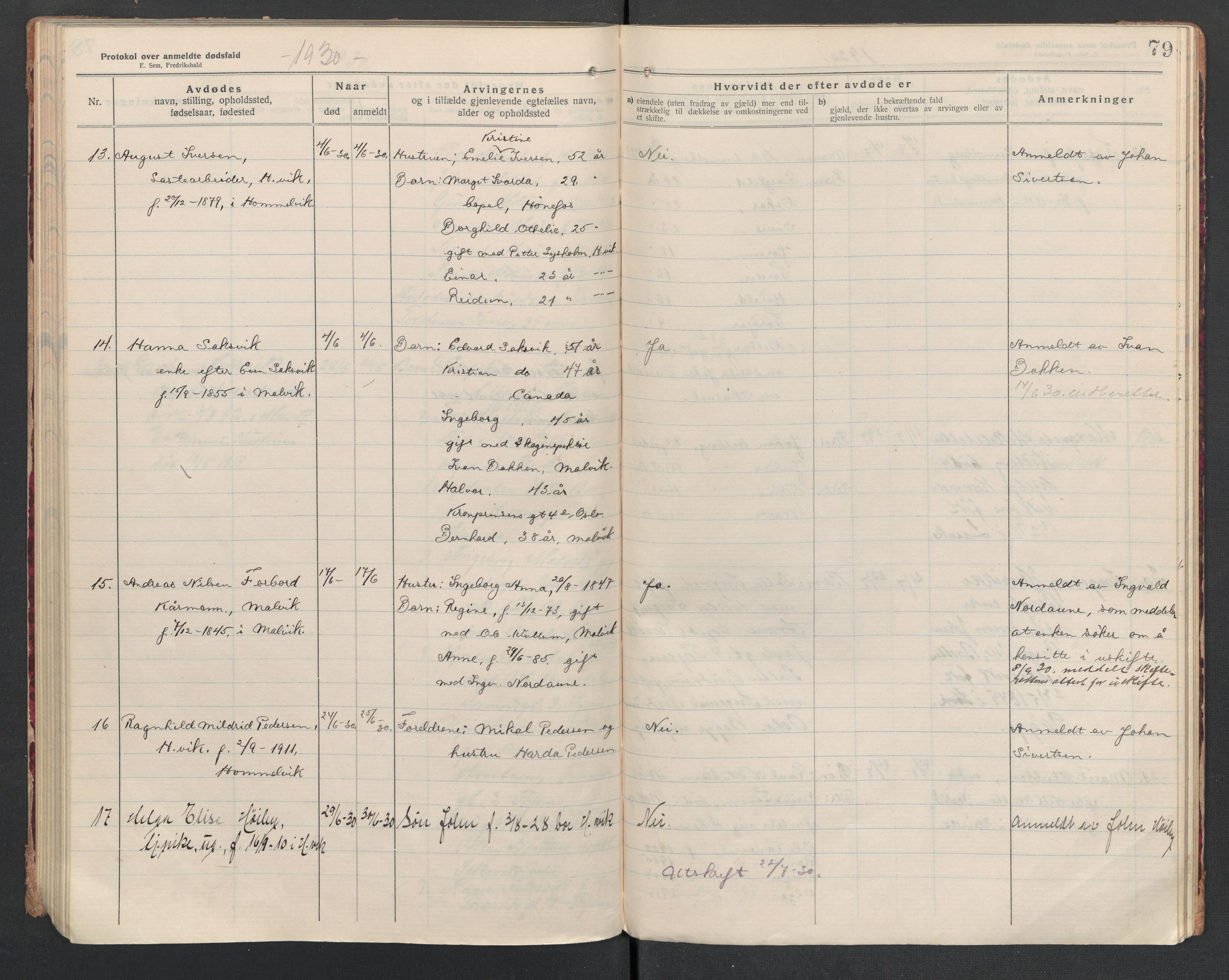 Malvik lensmannskontor, AV/SAT-A-1061/2/02/L0043: Dødsfallsprotokoll, 1920-1932, p. 79