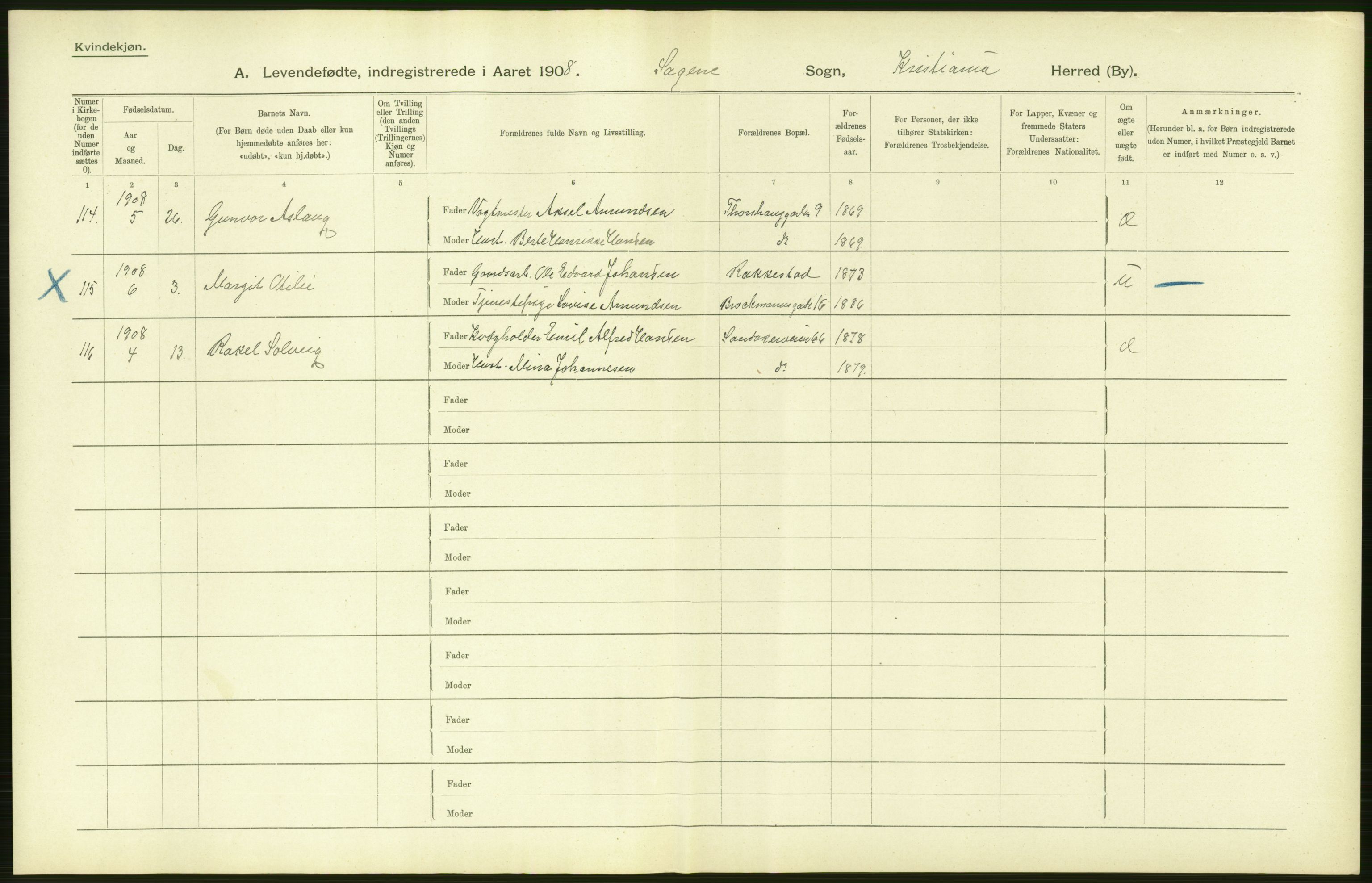 Statistisk sentralbyrå, Sosiodemografiske emner, Befolkning, AV/RA-S-2228/D/Df/Dfa/Dfaf/L0006: Kristiania: Levendefødte menn og kvinner., 1908, p. 166