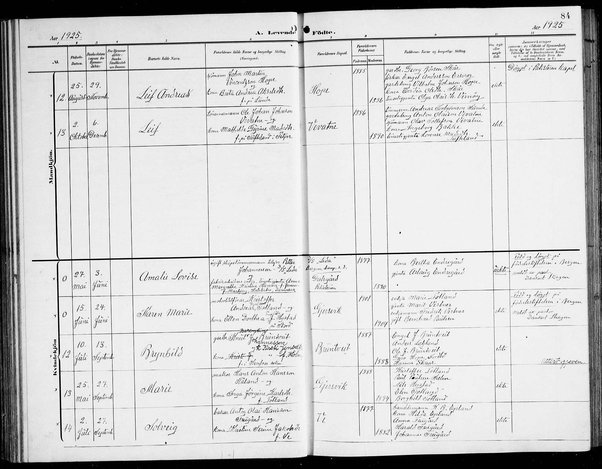 Tysnes sokneprestembete, AV/SAB-A-78601/H/Haa: Parish register (official) no. B 2, 1907-1925, p. 84