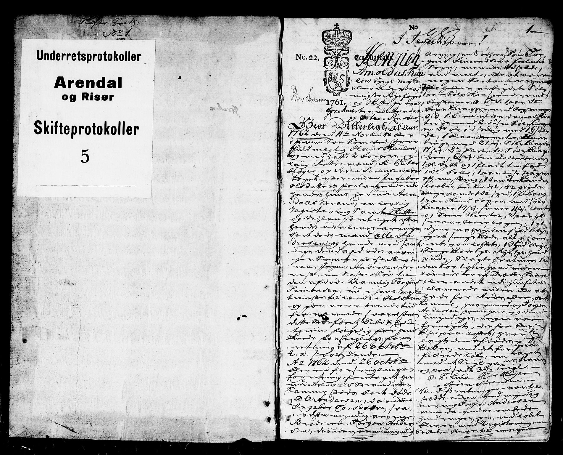 Arendal byfogd, SAK/1222-0001/H/Hc/L0006: Skifteprotokoll nr. 5 for Arendal og Risør, m/register, 1762-1773, p. 0b-1a