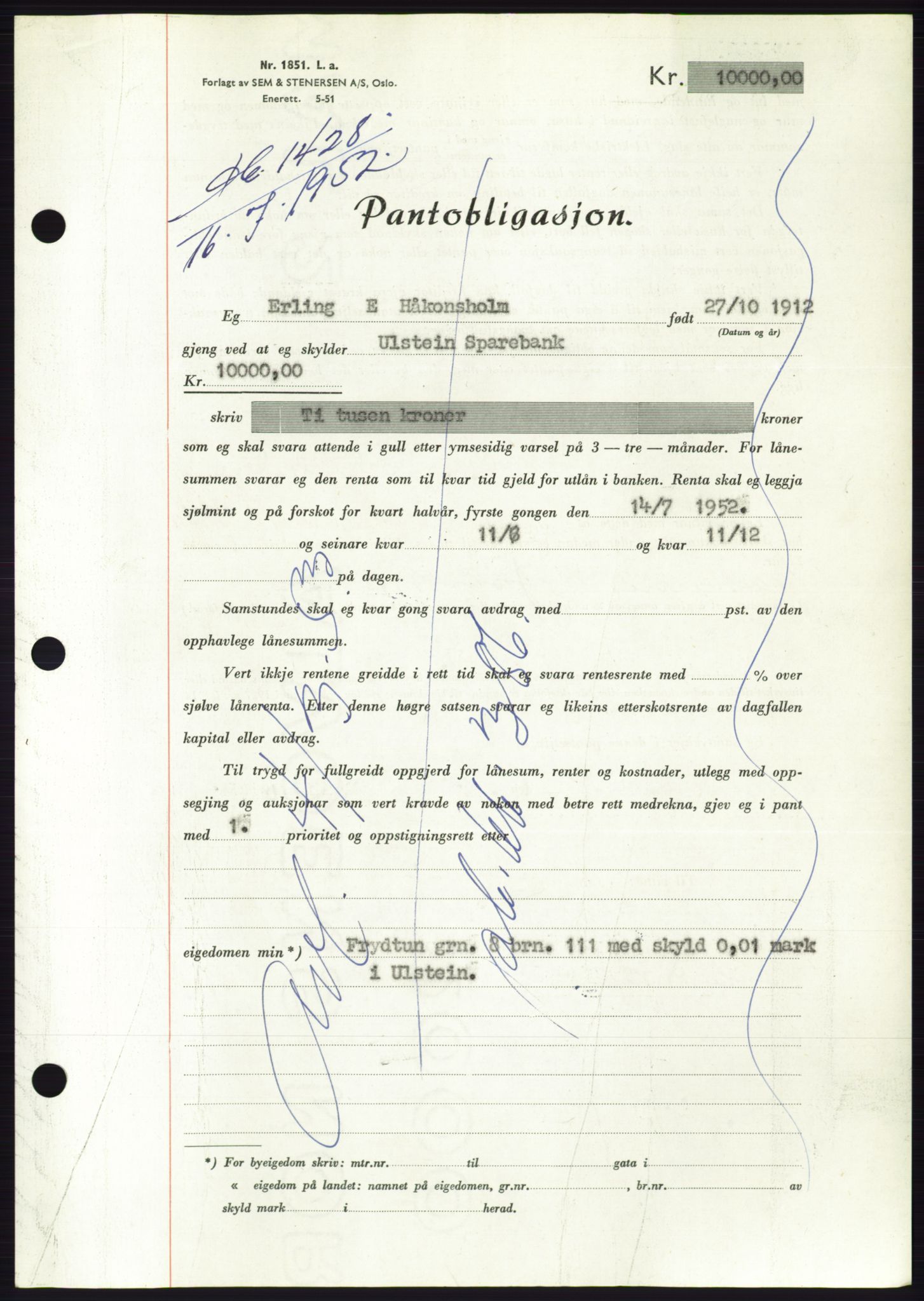 Søre Sunnmøre sorenskriveri, AV/SAT-A-4122/1/2/2C/L0121: Mortgage book no. 9B, 1951-1952, Diary no: : 1428/1952