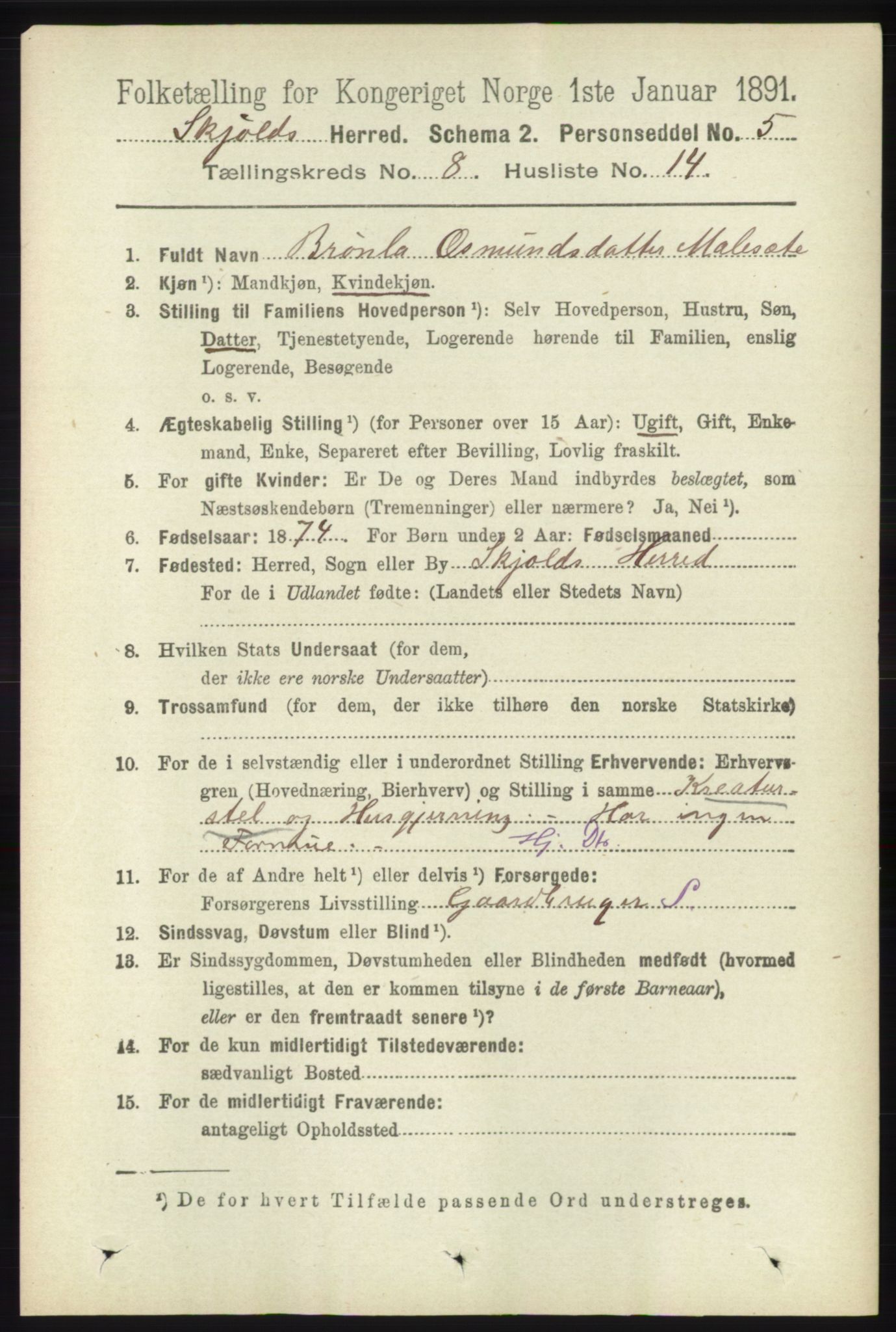 RA, 1891 census for 1154 Skjold, 1891, p. 1670