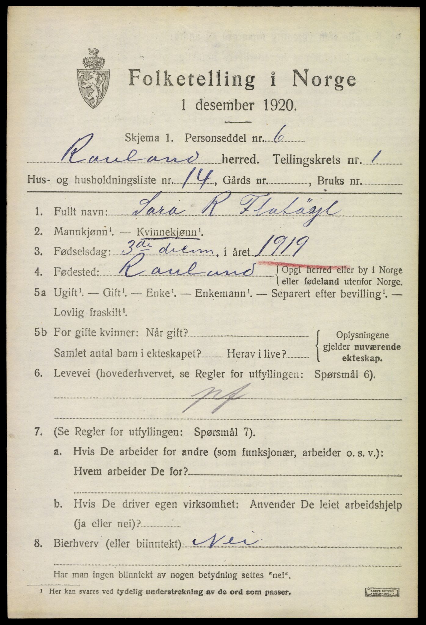 SAKO, 1920 census for Rauland, 1920, p. 612