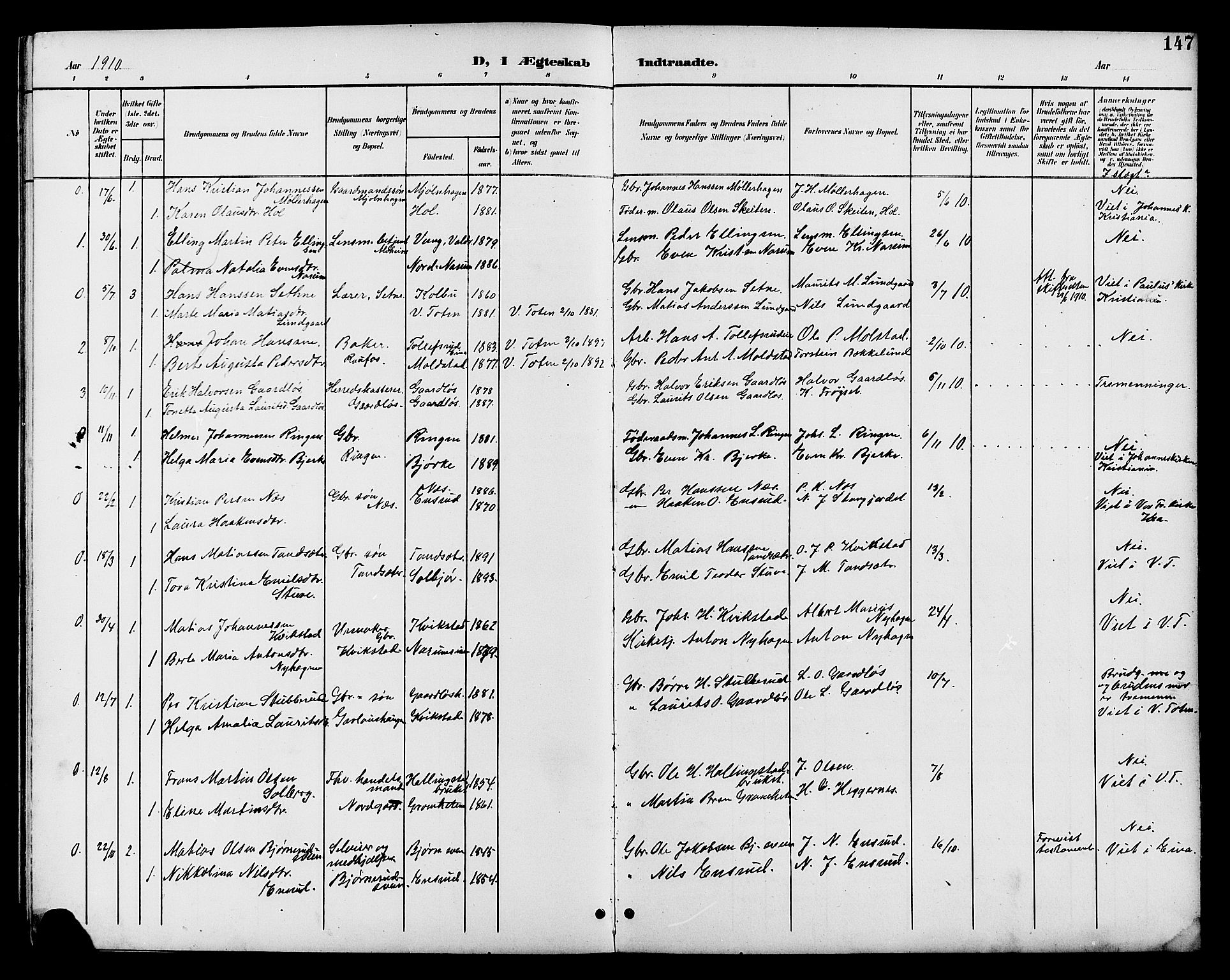 Vestre Toten prestekontor, AV/SAH-PREST-108/H/Ha/Hab/L0011: Parish register (copy) no. 11, 1901-1911, p. 147