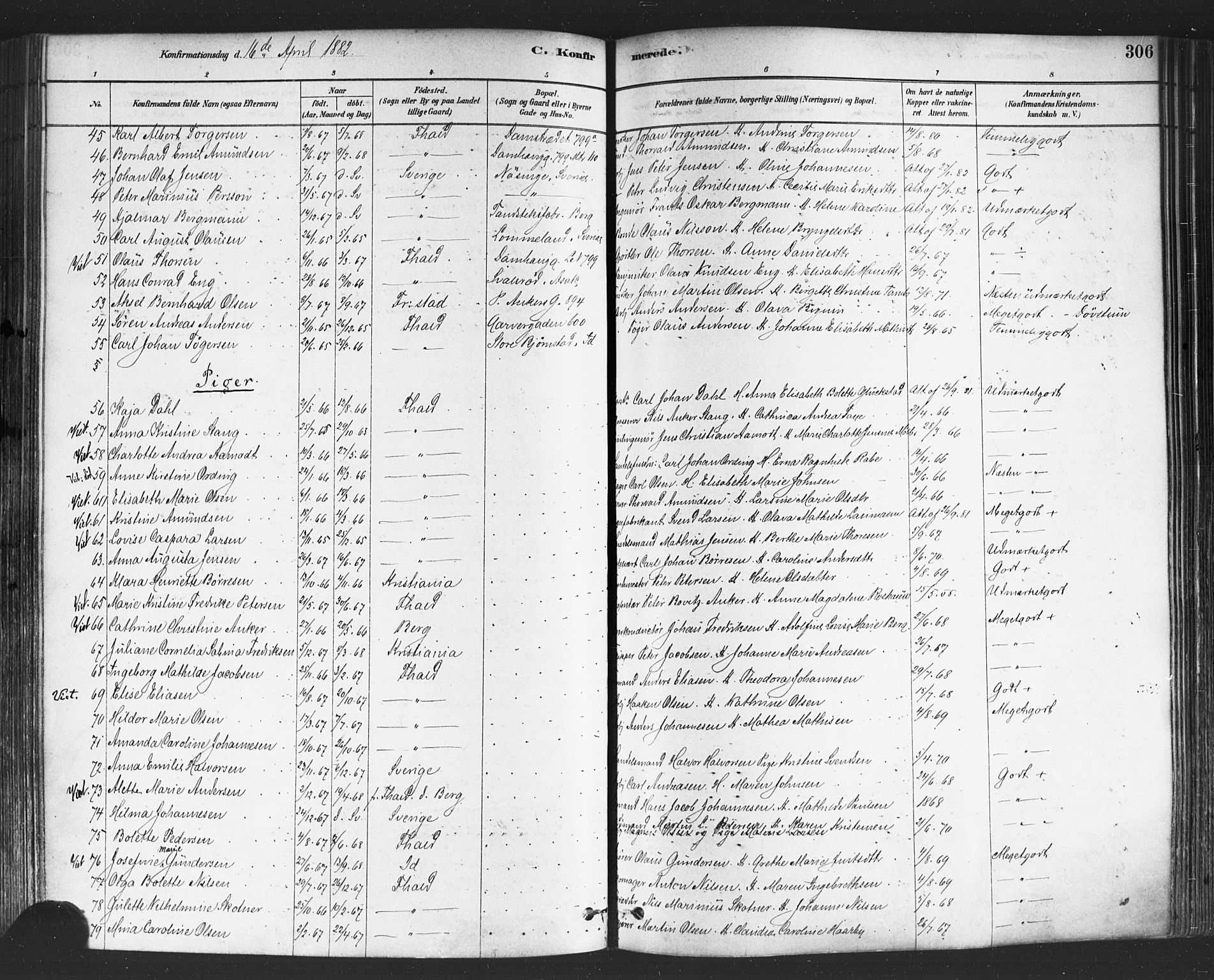 Halden prestekontor Kirkebøker, AV/SAO-A-10909/F/Fa/L0011: Parish register (official) no. I 11, 1878-1889, p. 306
