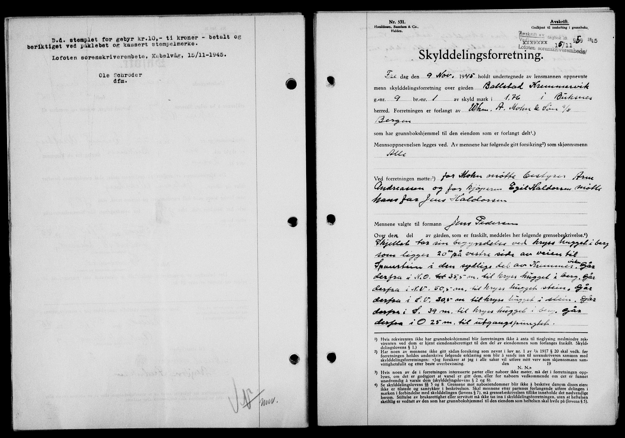 Lofoten sorenskriveri, SAT/A-0017/1/2/2C/L0013a: Mortgage book no. 13a, 1944-1946, Diary no: : 959/1945