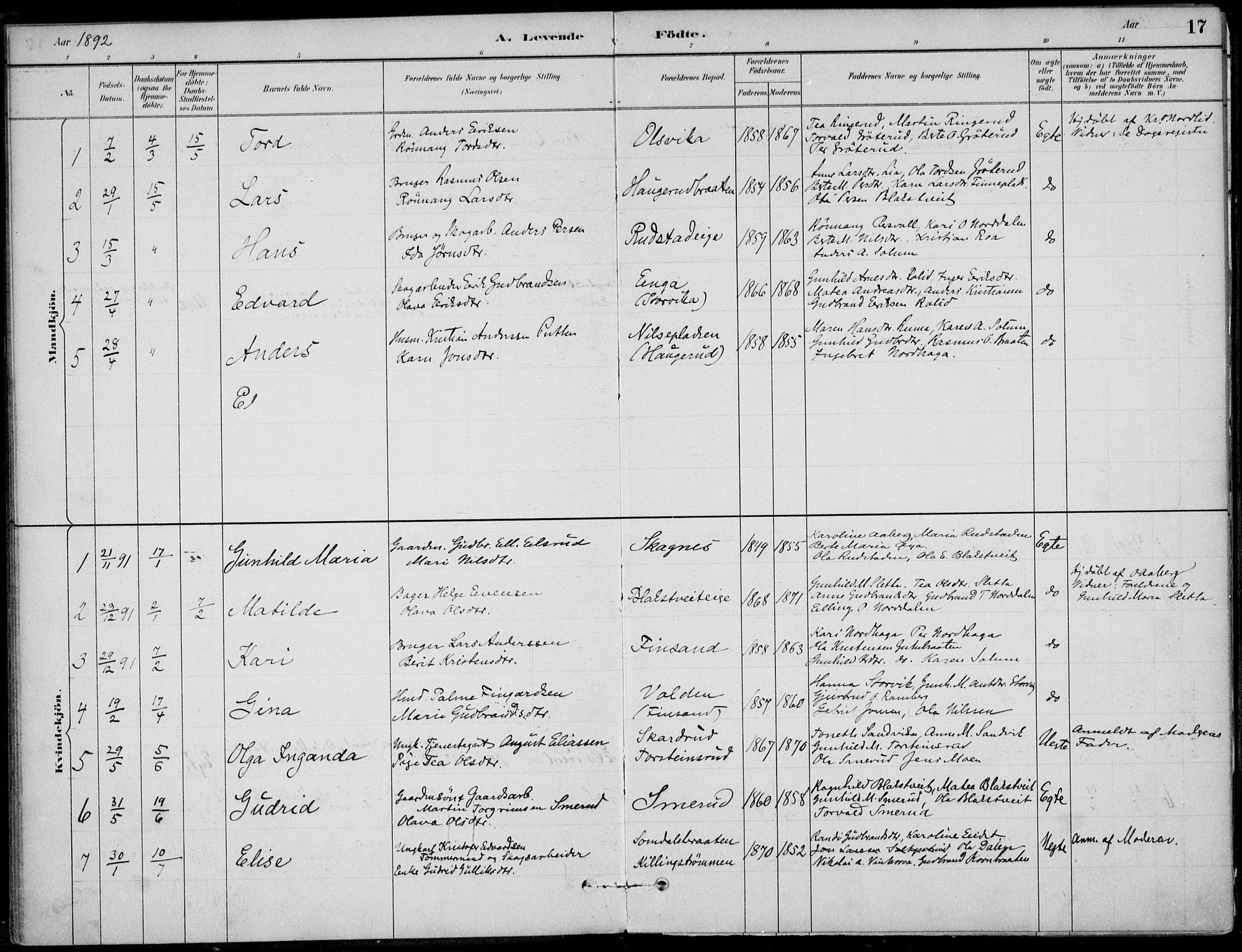 Ådal kirkebøker, AV/SAKO-A-248/F/Fa/L0003: Parish register (official) no. I 3, 1884-1903, p. 17