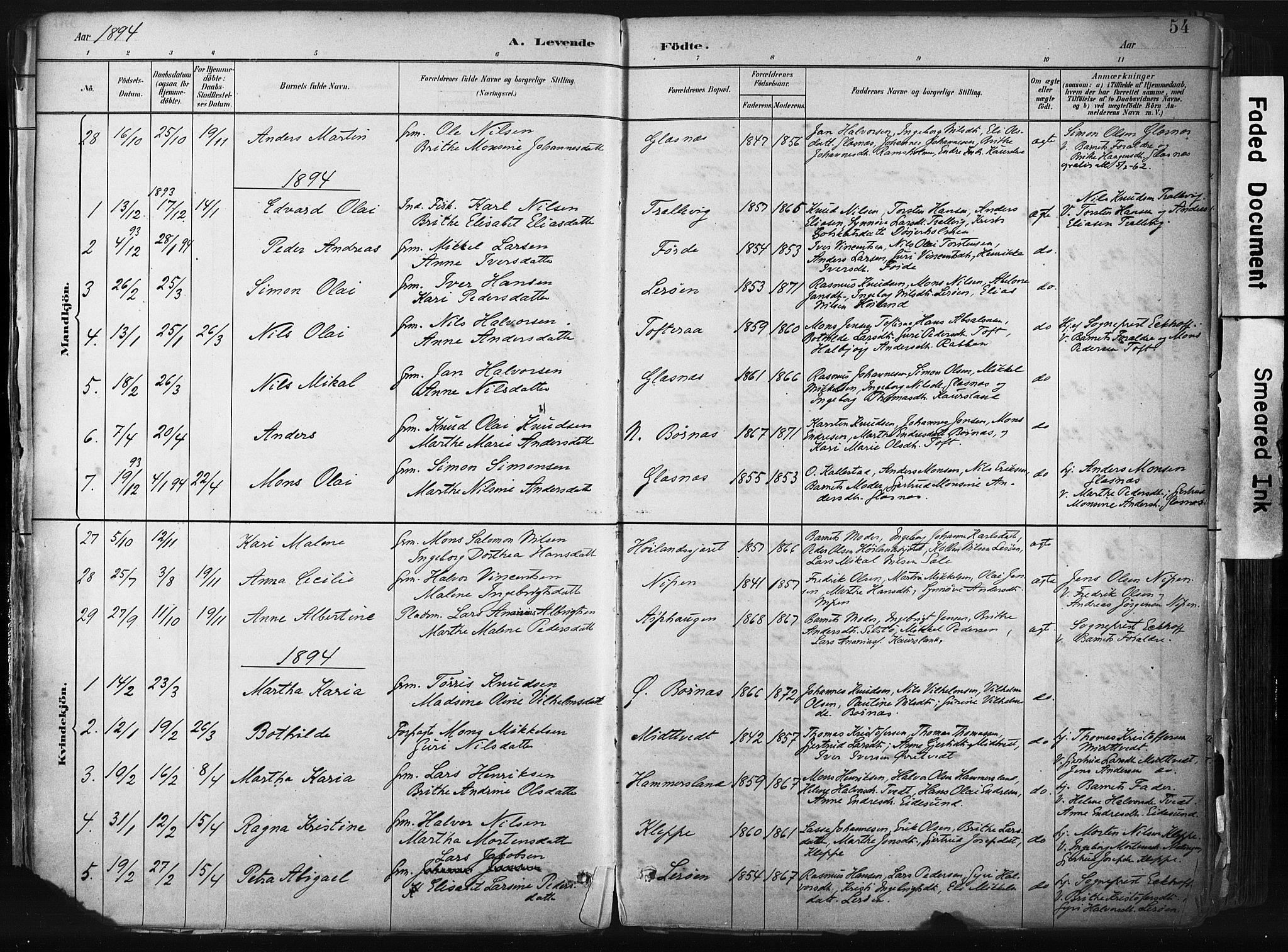 Sund sokneprestembete, AV/SAB-A-99930: Parish register (official) no. B 1, 1882-1907, p. 54