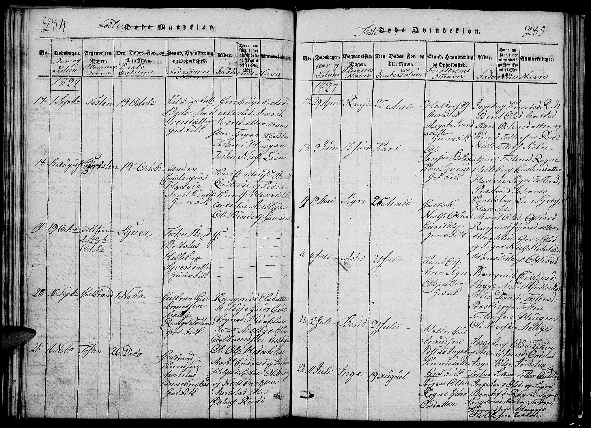 Slidre prestekontor, SAH/PREST-134/H/Ha/Hab/L0002: Parish register (copy) no. 2, 1814-1839, p. 284-285