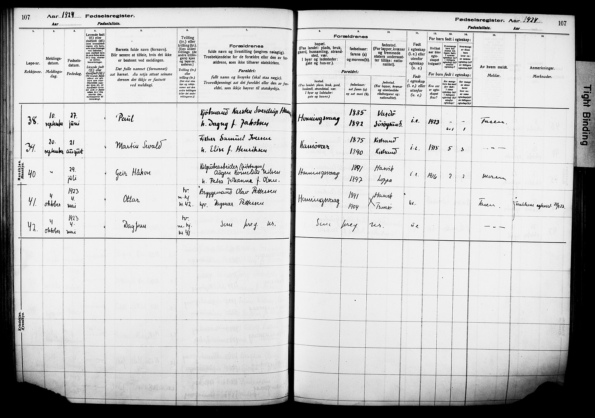 Kjelvik/Nordkapp sokneprestkontor, AV/SATØ-S-1350/I/Ia/L0015: Birth register no. 15, 1916-1930, p. 107