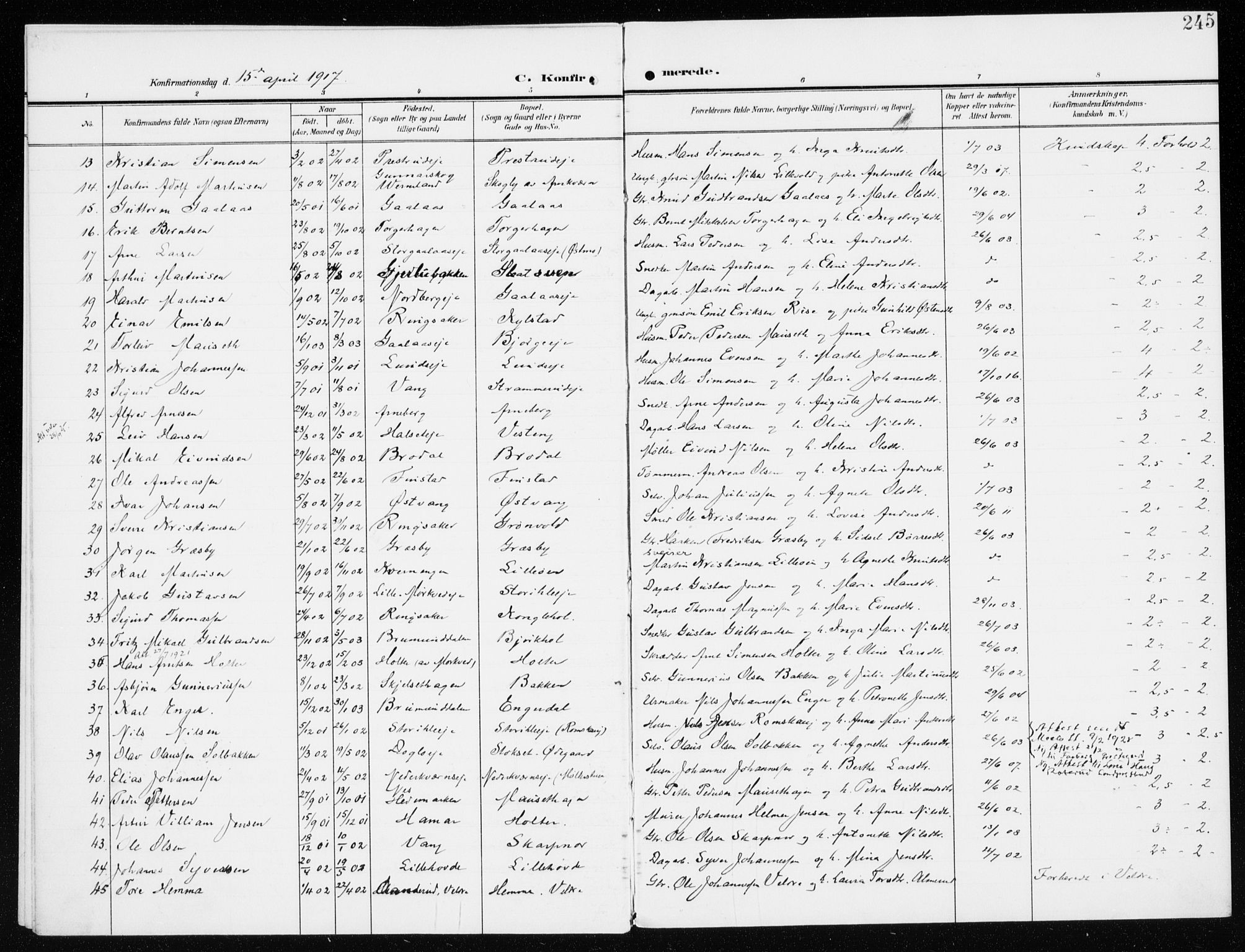 Furnes prestekontor, AV/SAH-PREST-012/K/Ka/L0001: Parish register (official) no. 1, 1907-1935, p. 245