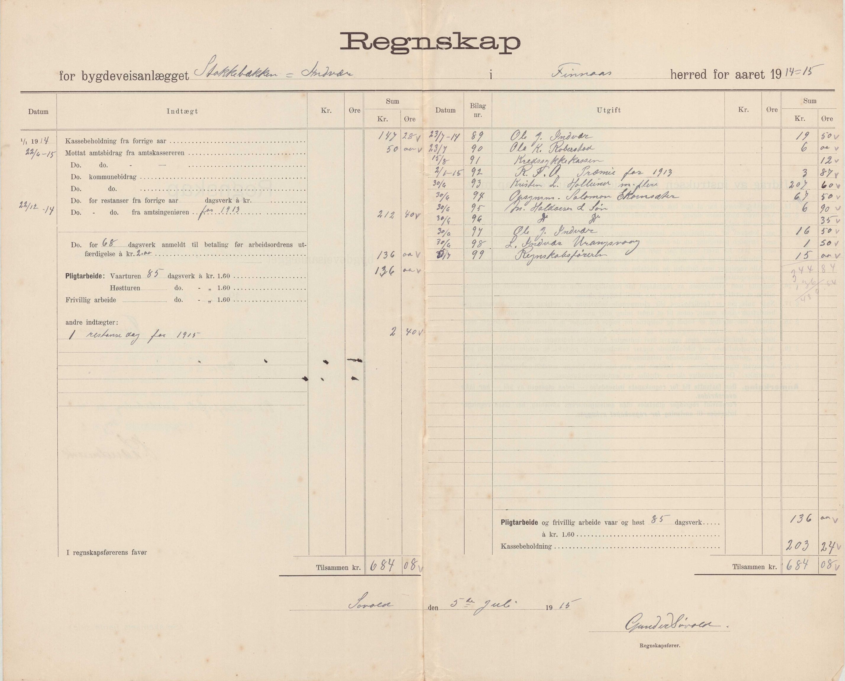 Finnaas kommune. Formannskapet, IKAH/1218a-021/E/Ea/L0001/0001: Rekneskap for veganlegg / Rekneskap for veganlegget Indvær - Stokkabakken, 1910-1915, p. 42