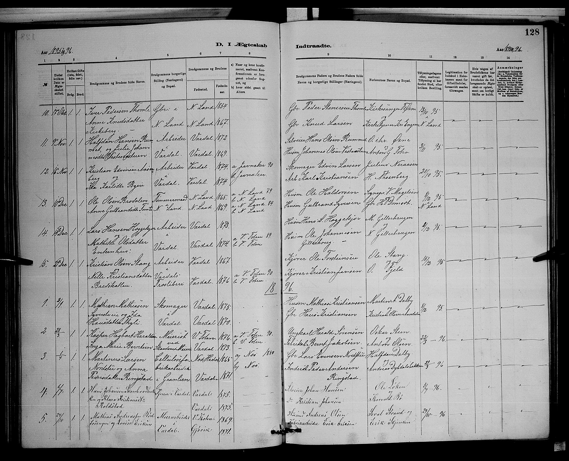 Vardal prestekontor, SAH/PREST-100/H/Ha/Hab/L0008: Parish register (copy) no. 8, 1881-1898, p. 128