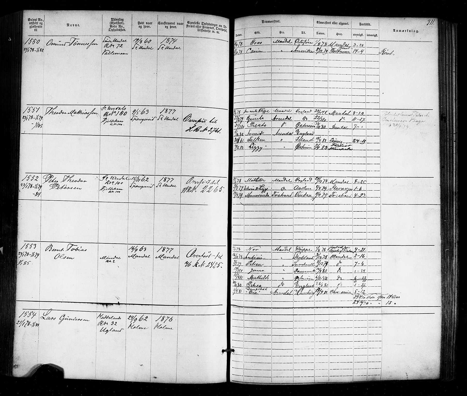 Mandal mønstringskrets, SAK/2031-0016/F/Fa/L0005: Annotasjonsrulle nr 1-1909 med register, Y-15, 1868-1880, p. 355