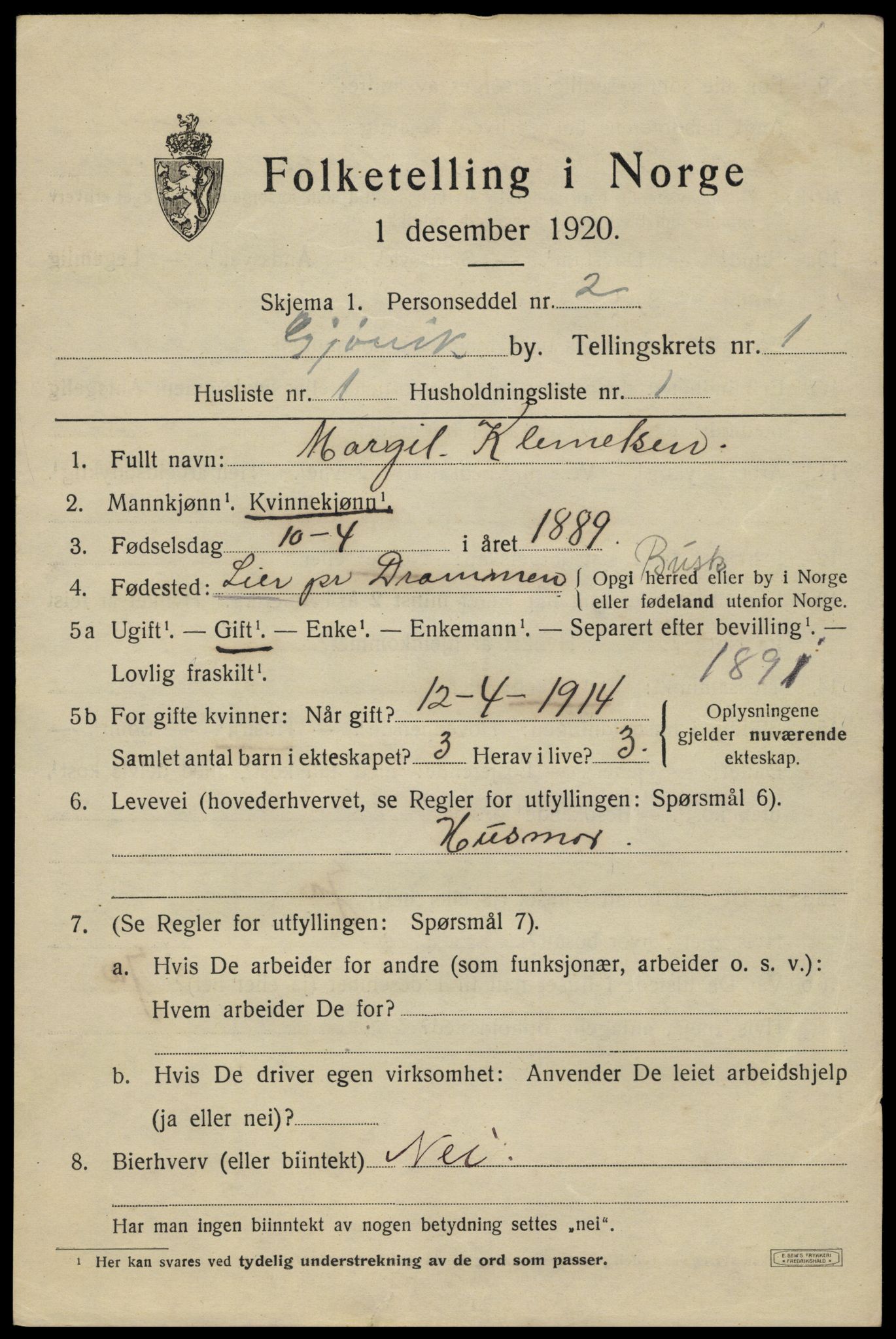 SAH, 1920 census for Gjøvik, 1920, p. 2396
