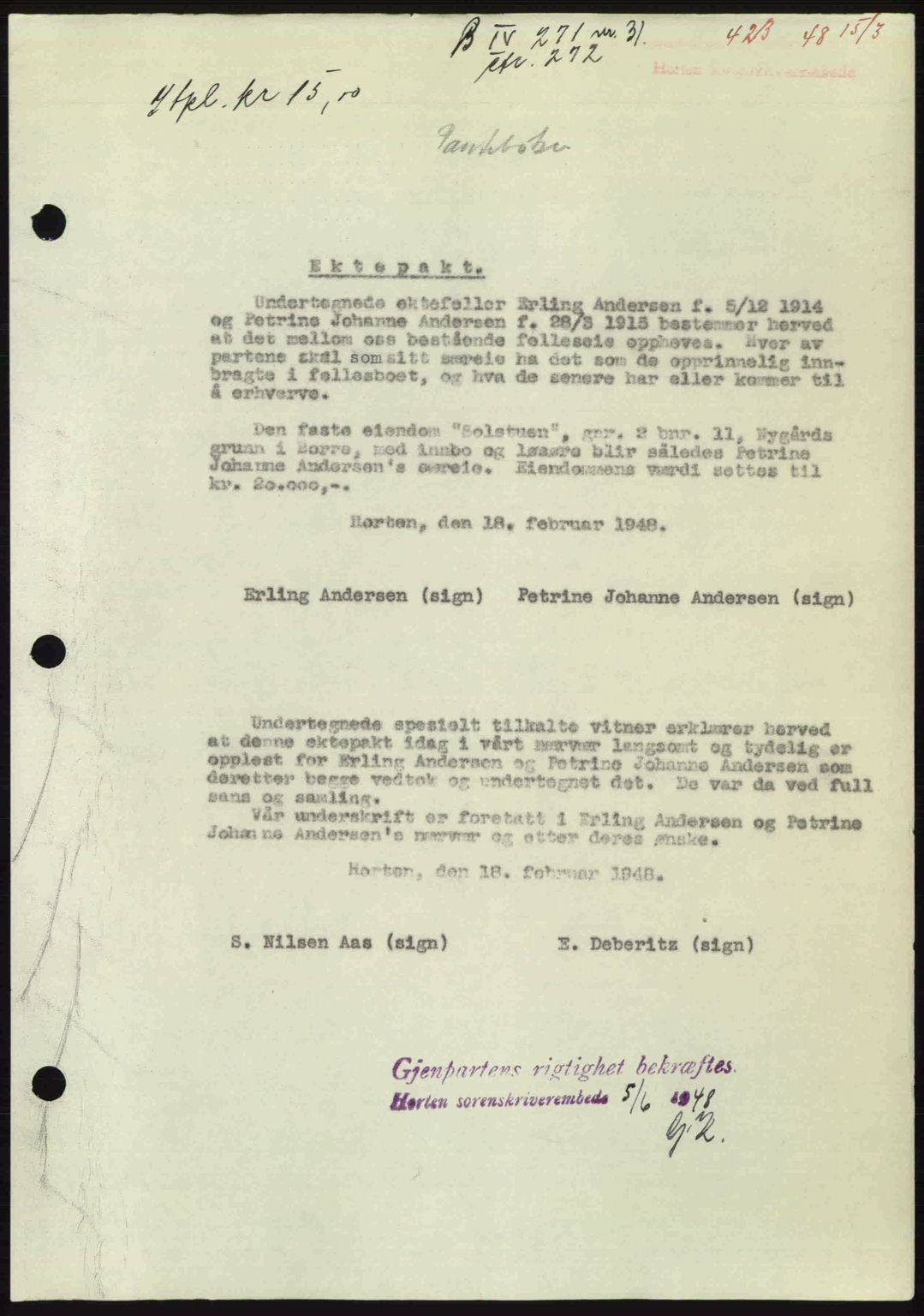 Horten sorenskriveri, AV/SAKO-A-133/G/Ga/Gaa/L0010: Mortgage book no. A-10, 1947-1948, Diary no: : 423/1948