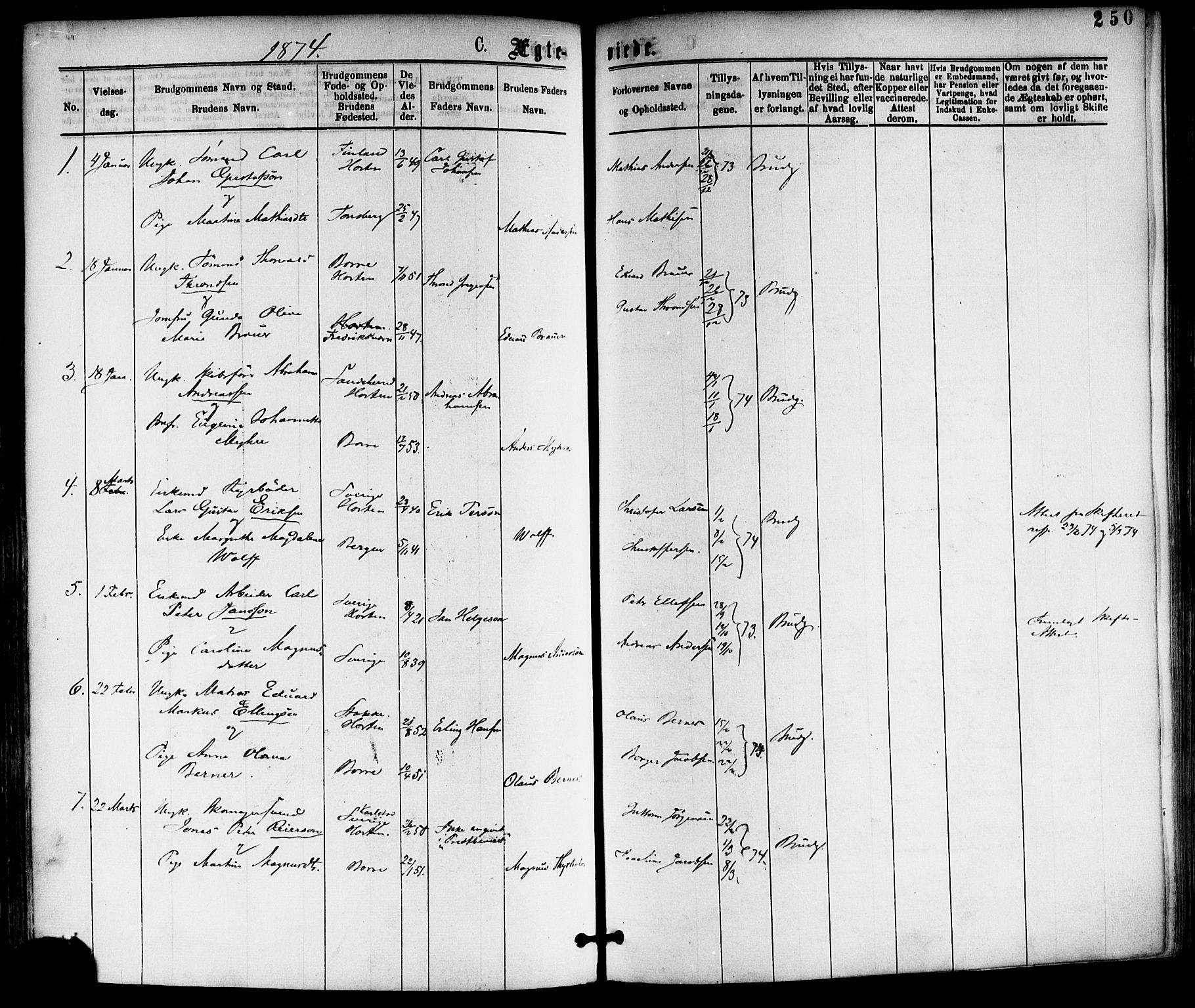 Horten kirkebøker, SAKO/A-348/F/Fa/L0002: Parish register (official) no. 2, 1872-1877, p. 250