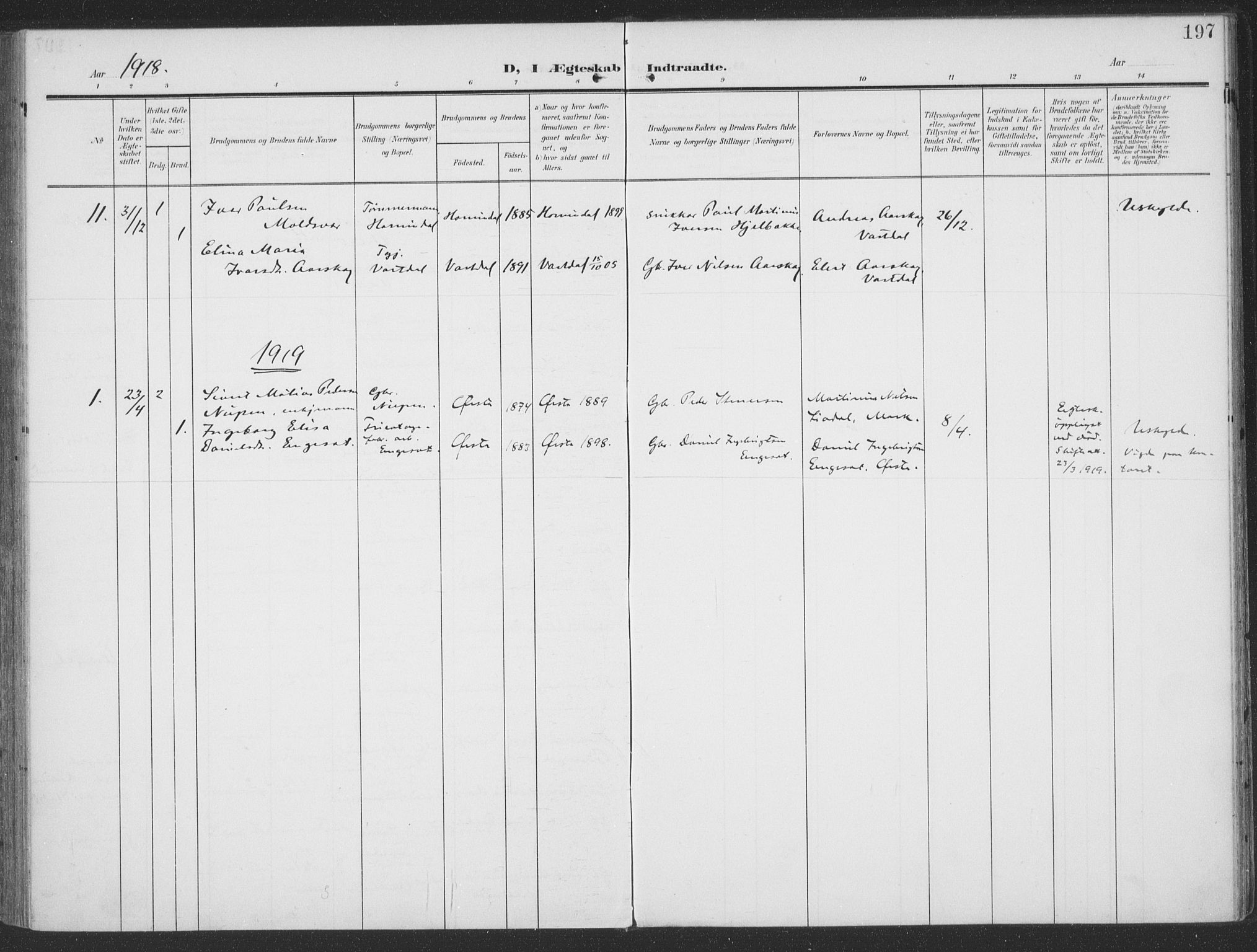 Ministerialprotokoller, klokkerbøker og fødselsregistre - Møre og Romsdal, SAT/A-1454/513/L0178: Parish register (official) no. 513A05, 1906-1919, p. 197