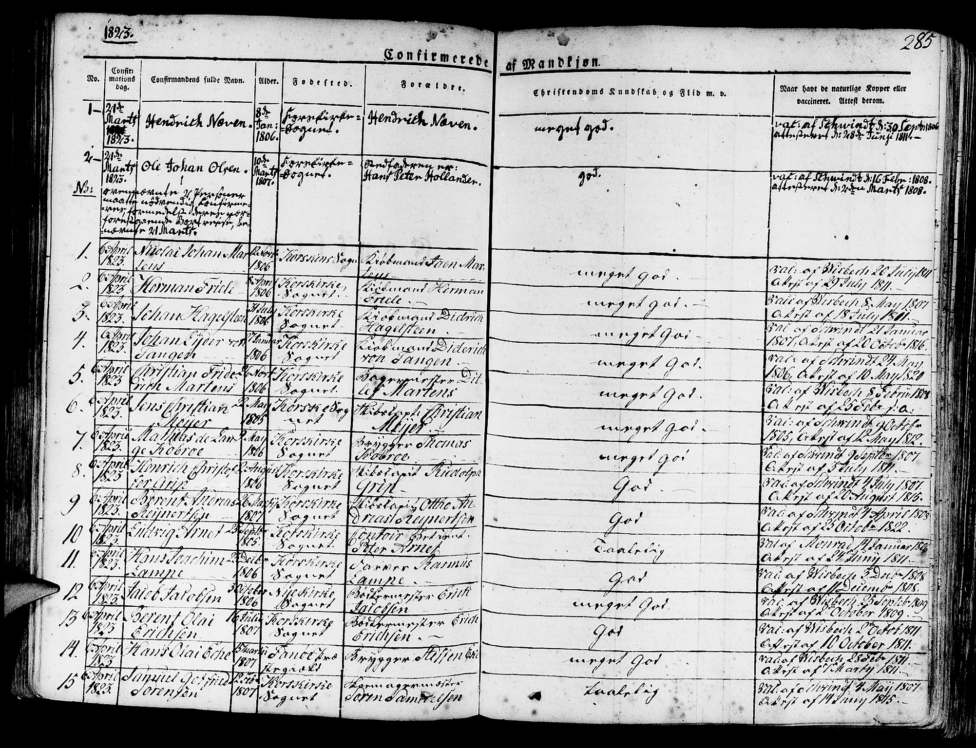 Korskirken sokneprestembete, AV/SAB-A-76101/H/Haa/L0014: Parish register (official) no. A 14, 1823-1835, p. 285