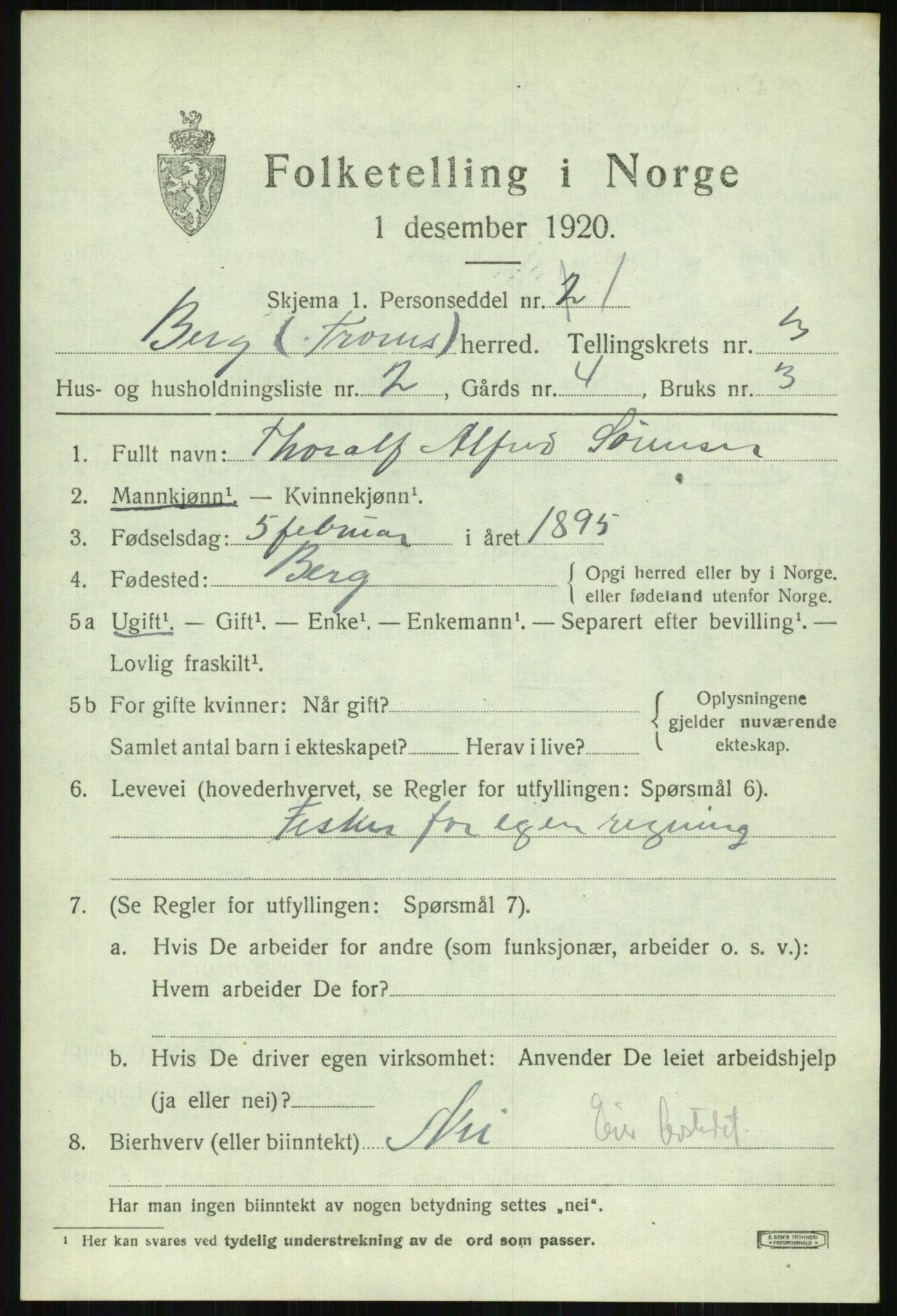 SATØ, 1920 census for Berg, 1920, p. 1242