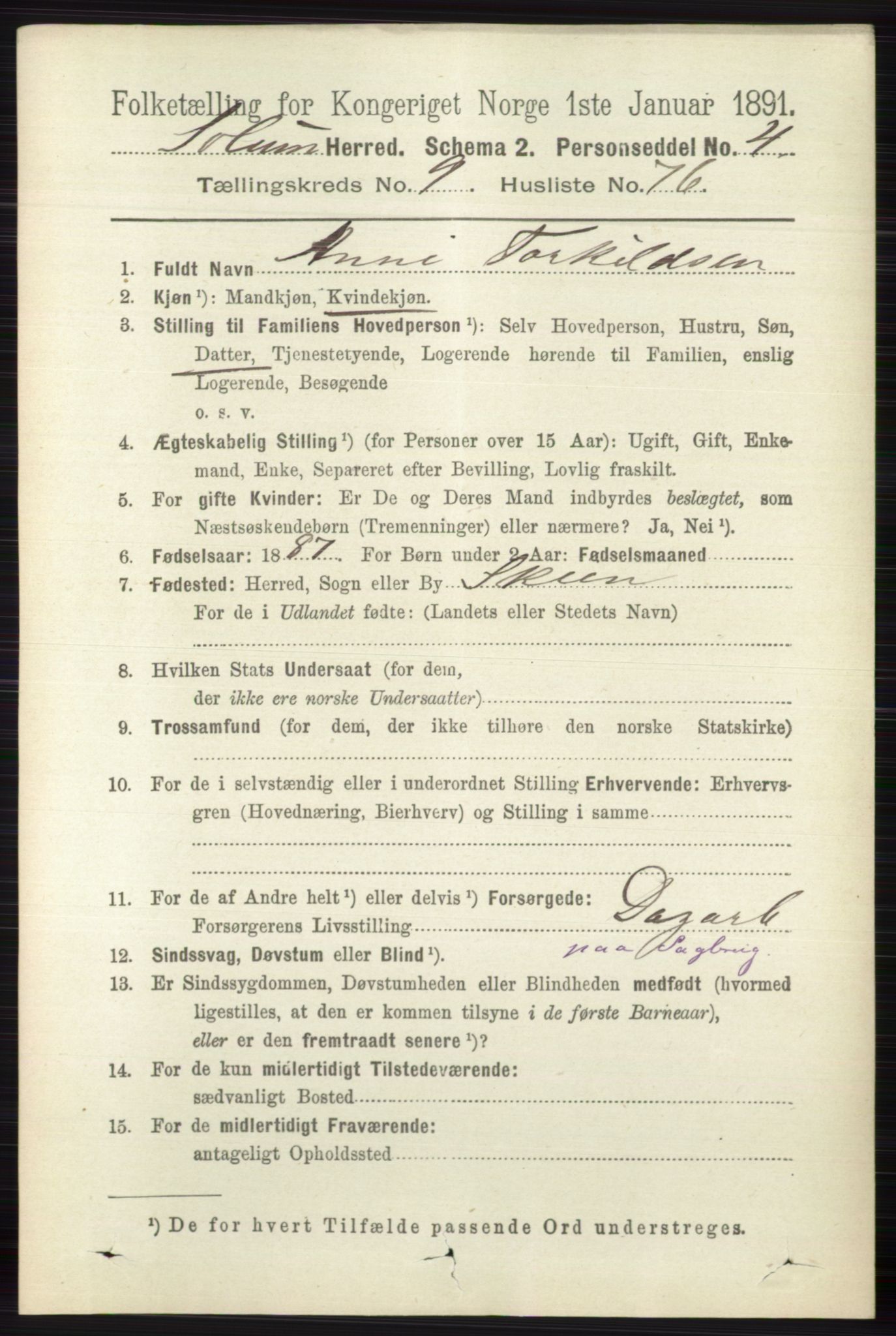 RA, 1891 census for 0818 Solum, 1891, p. 2480