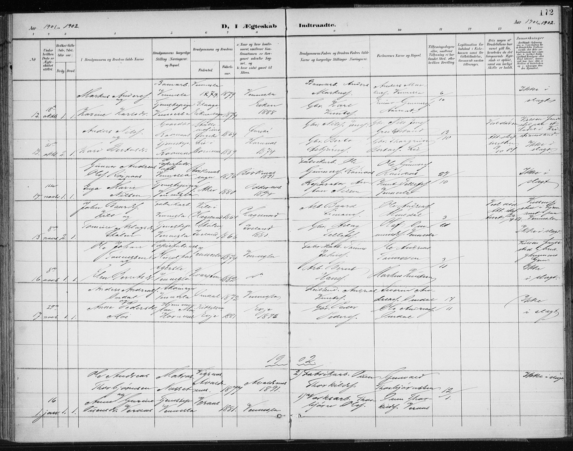 Vennesla sokneprestkontor, AV/SAK-1111-0045/Fa/Fab/L0005: Parish register (official) no. A 5, 1897-1909, p. 172