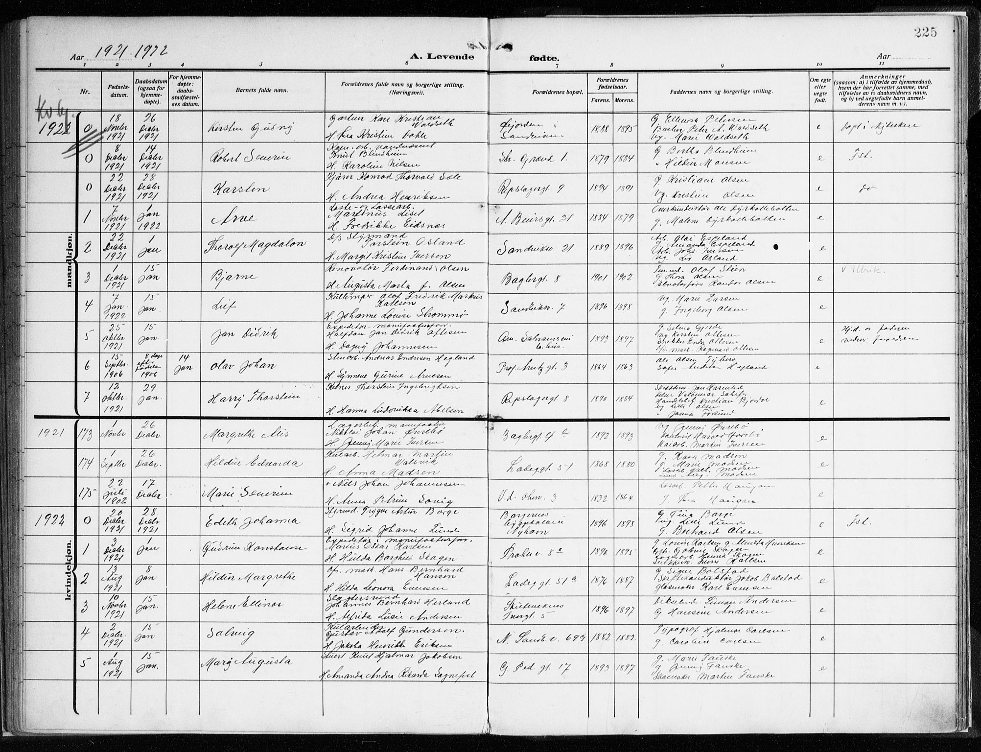 Sandviken Sokneprestembete, AV/SAB-A-77601/H/Ha/L0007: Parish register (official) no. B 4, 1912-1924, p. 225