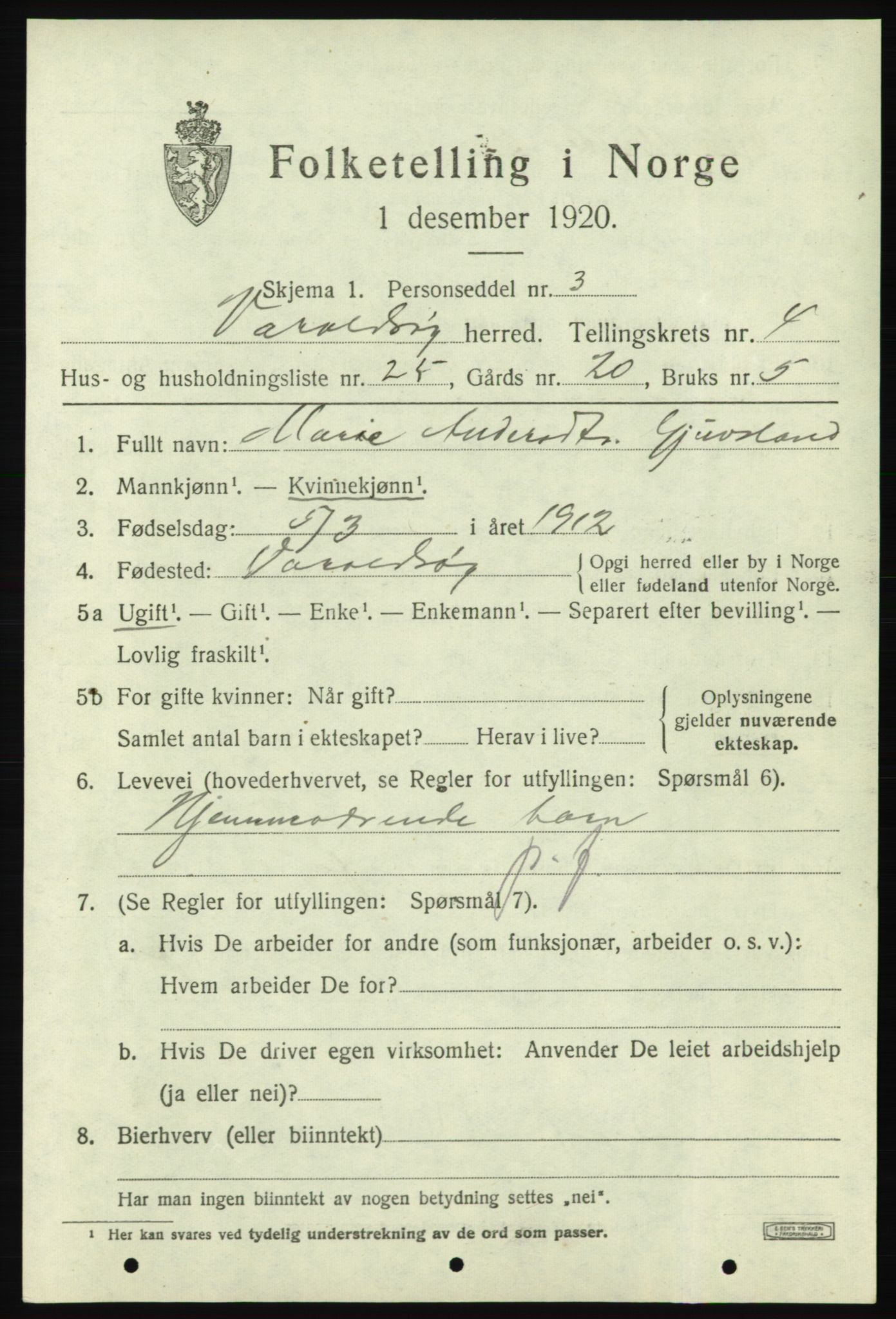 SAB, 1920 census for Varaldsøy, 1920, p. 1691