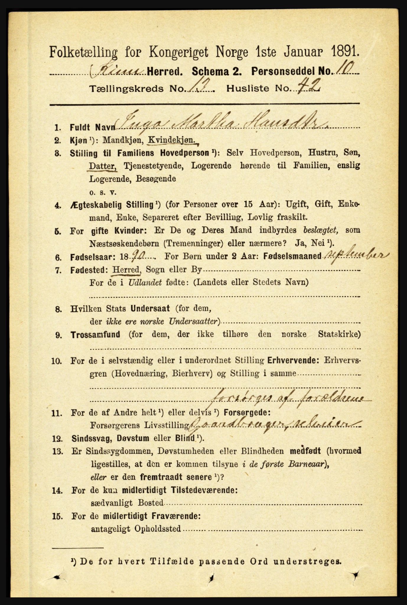 RA, 1891 census for 1437 Kinn, 1891, p. 5349