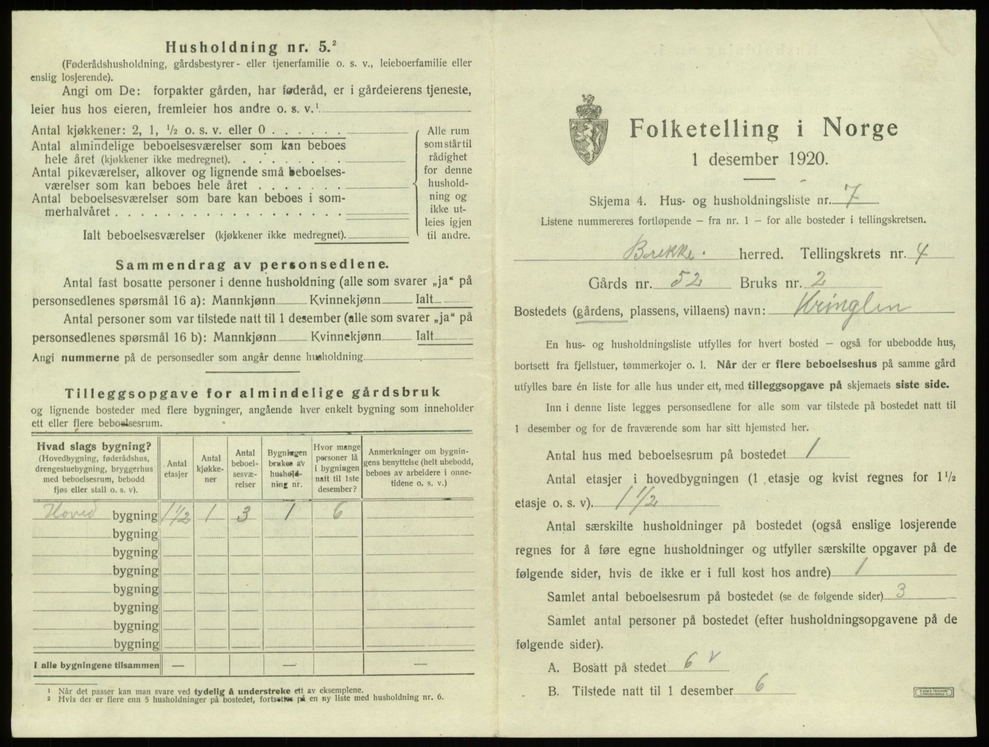 SAB, 1920 census for Brekke, 1920, p. 138