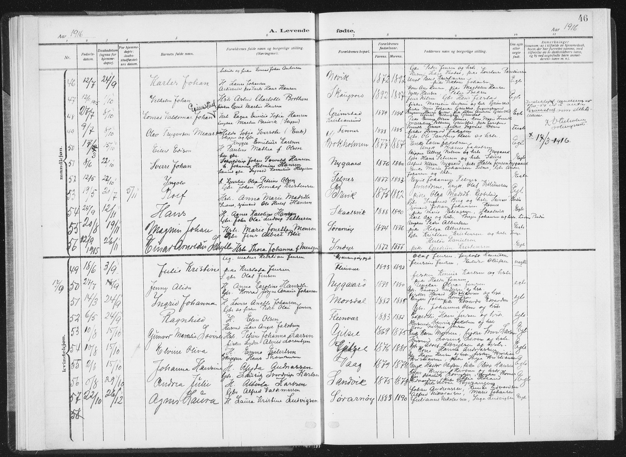 Ministerialprotokoller, klokkerbøker og fødselsregistre - Nordland, AV/SAT-A-1459/805/L0104: Parish register (official) no. 805A09, 1909-1926, p. 46