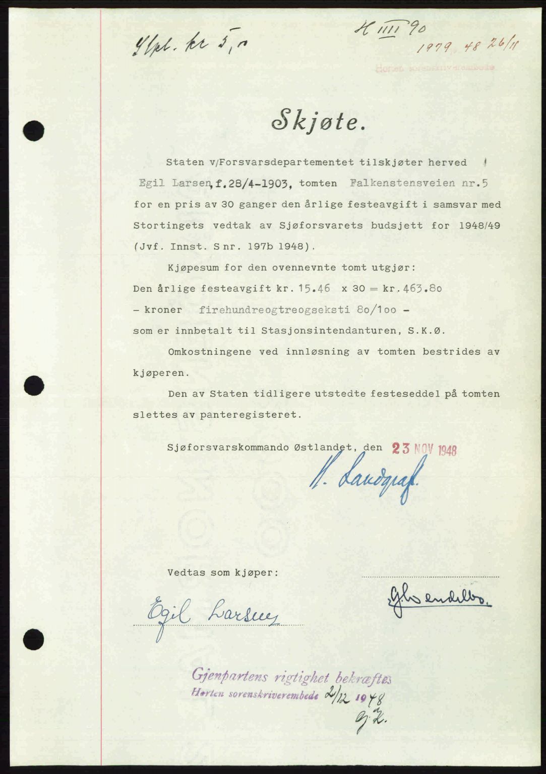 Horten sorenskriveri, AV/SAKO-A-133/G/Ga/Gaa/L0011: Mortgage book no. A-11, 1948-1948, Diary no: : 1979/1948