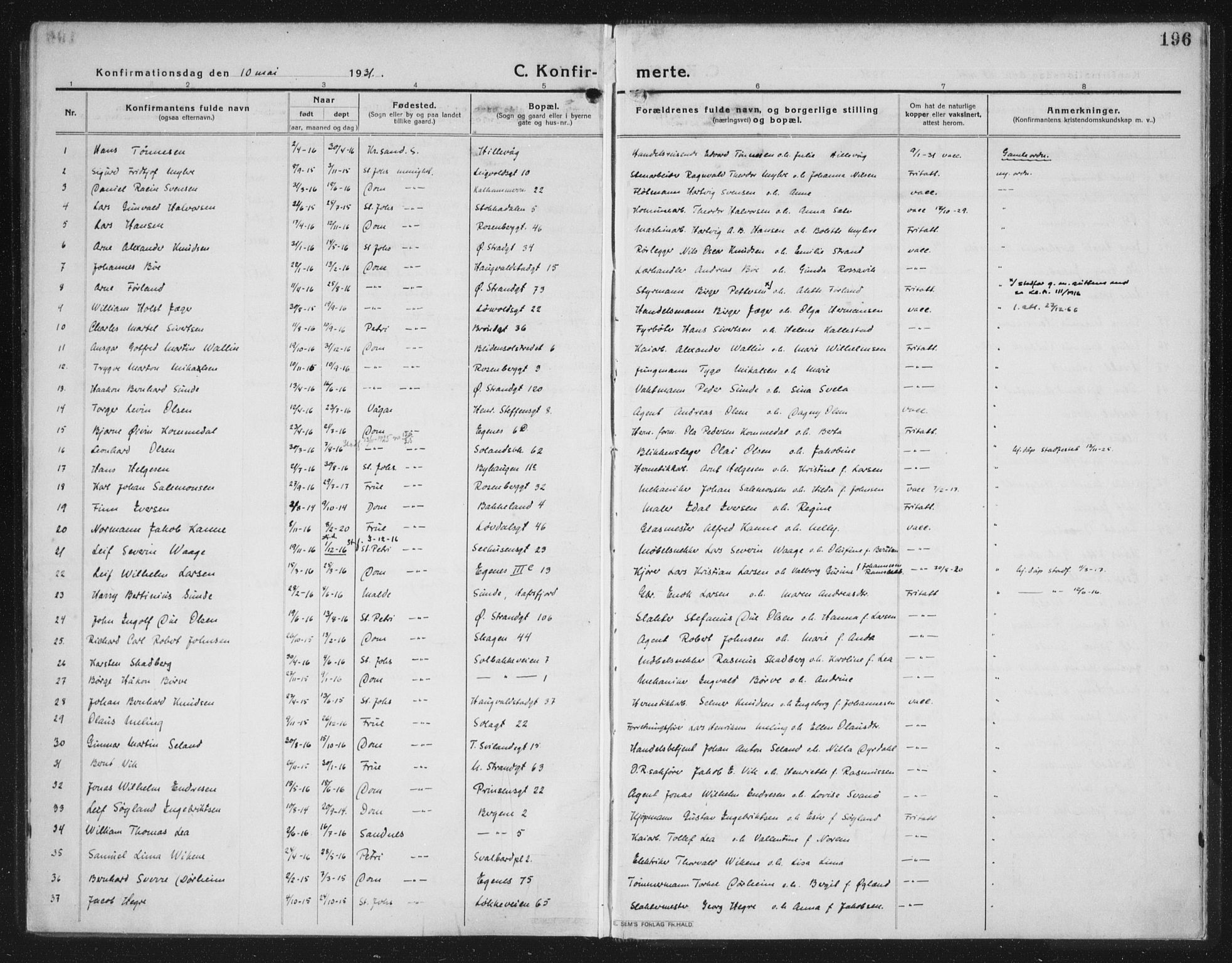 Domkirken sokneprestkontor, AV/SAST-A-101812/002/A/L0019: Parish register (official) no. A 35, 1916-1932, p. 196