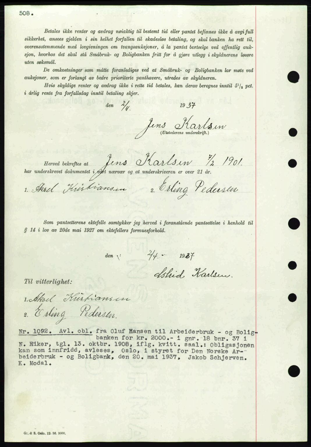 Eiker, Modum og Sigdal sorenskriveri, SAKO/A-123/G/Ga/Gab/L0035: Mortgage book no. A5, 1937-1937, Diary no: : 1092/1937