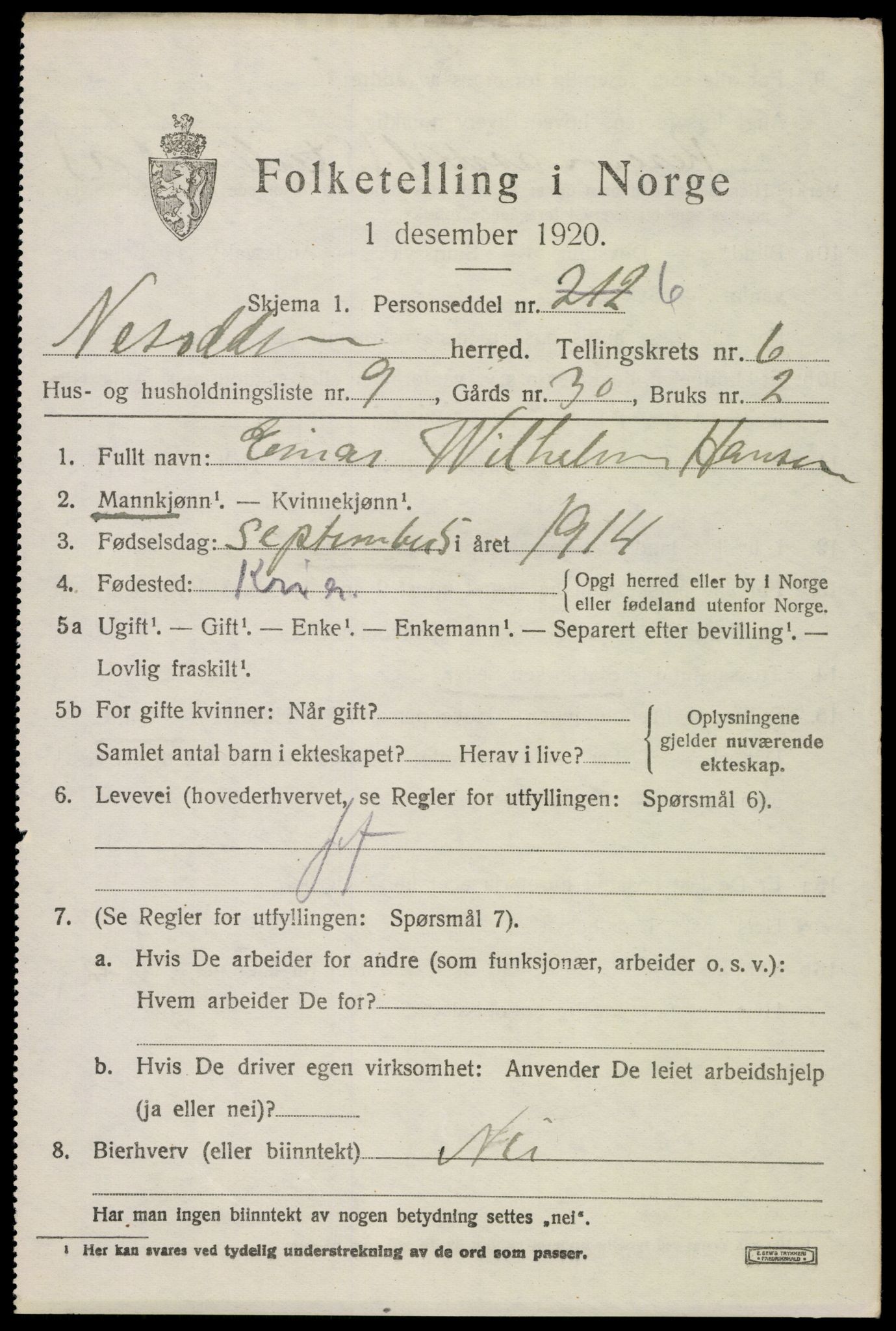 SAO, 1920 census for Nesodden, 1920, p. 5729