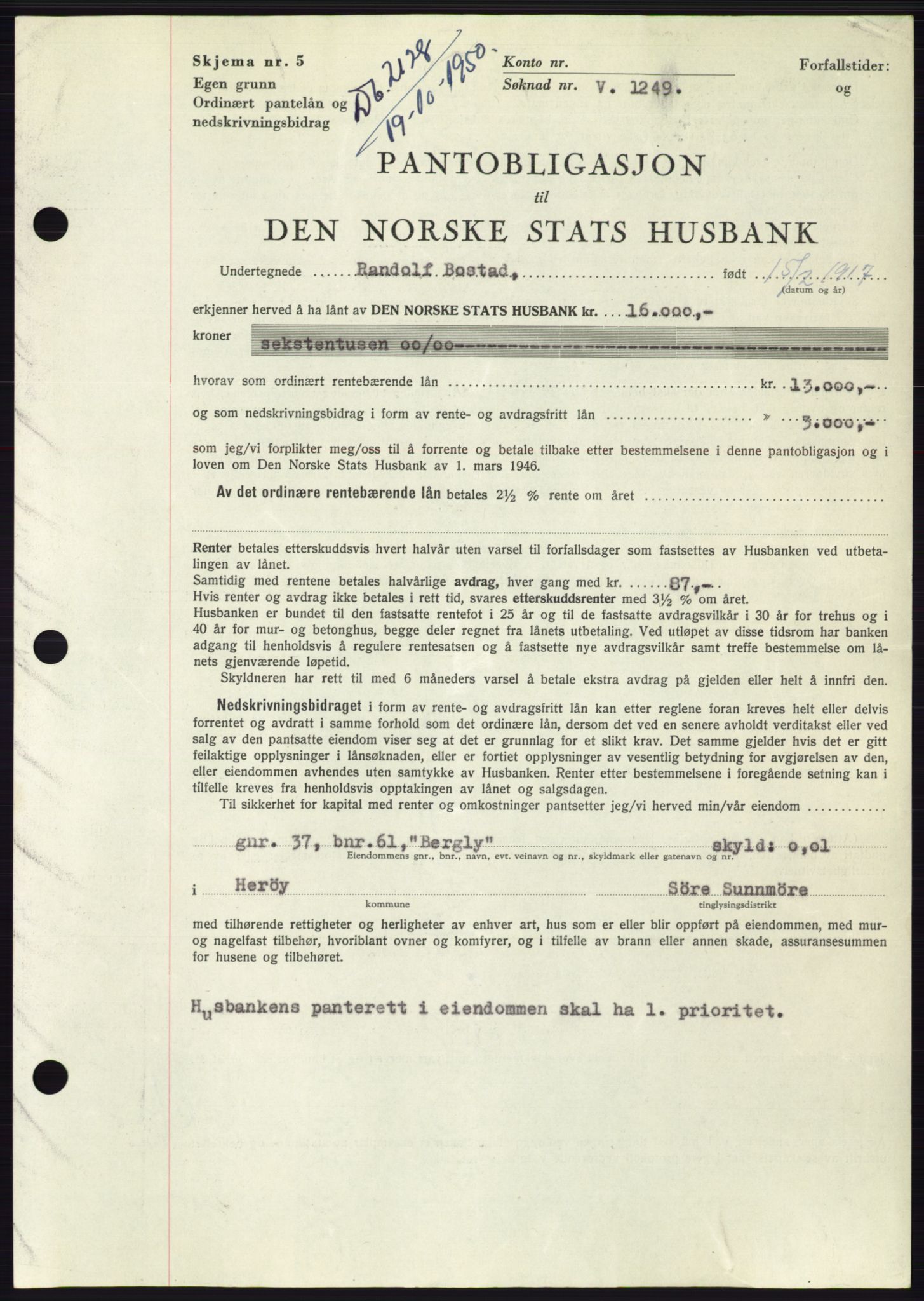 Søre Sunnmøre sorenskriveri, AV/SAT-A-4122/1/2/2C/L0119: Mortgage book no. 7B, 1950-1951, Diary no: : 2128/1950