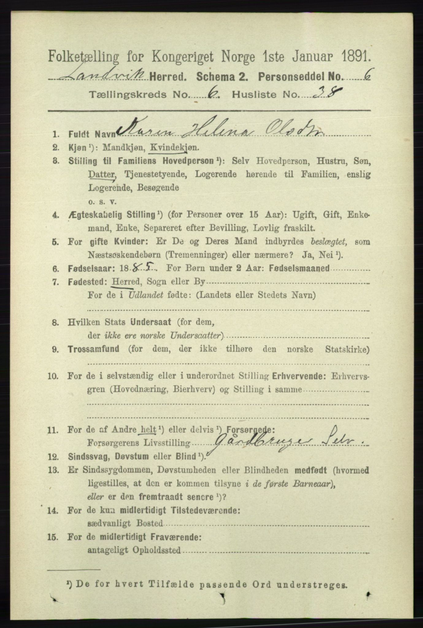 RA, 1891 census for 0924 Landvik, 1891, p. 2708