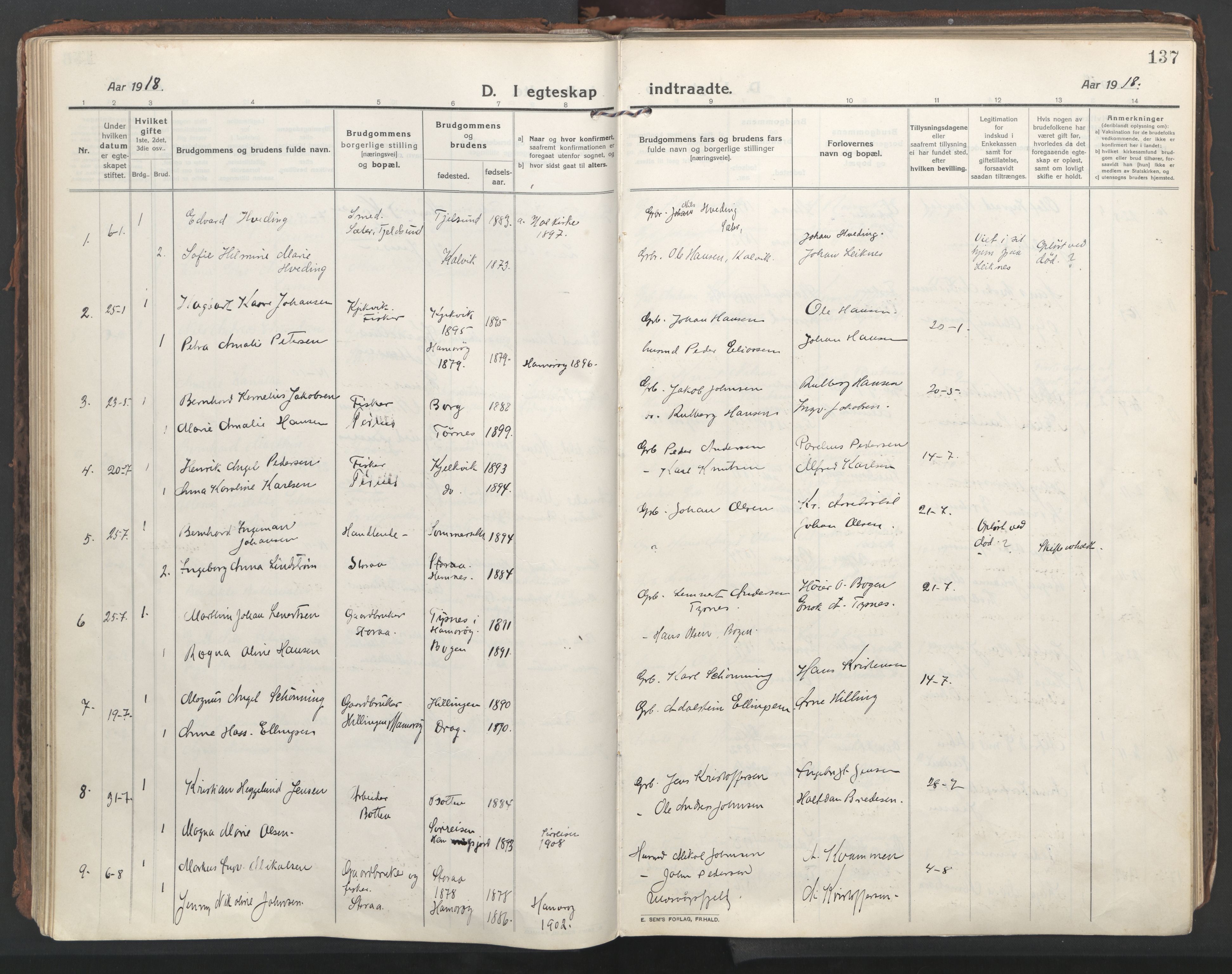 Ministerialprotokoller, klokkerbøker og fødselsregistre - Nordland, AV/SAT-A-1459/861/L0872: Parish register (official) no. 861A07, 1915-1924, p. 137