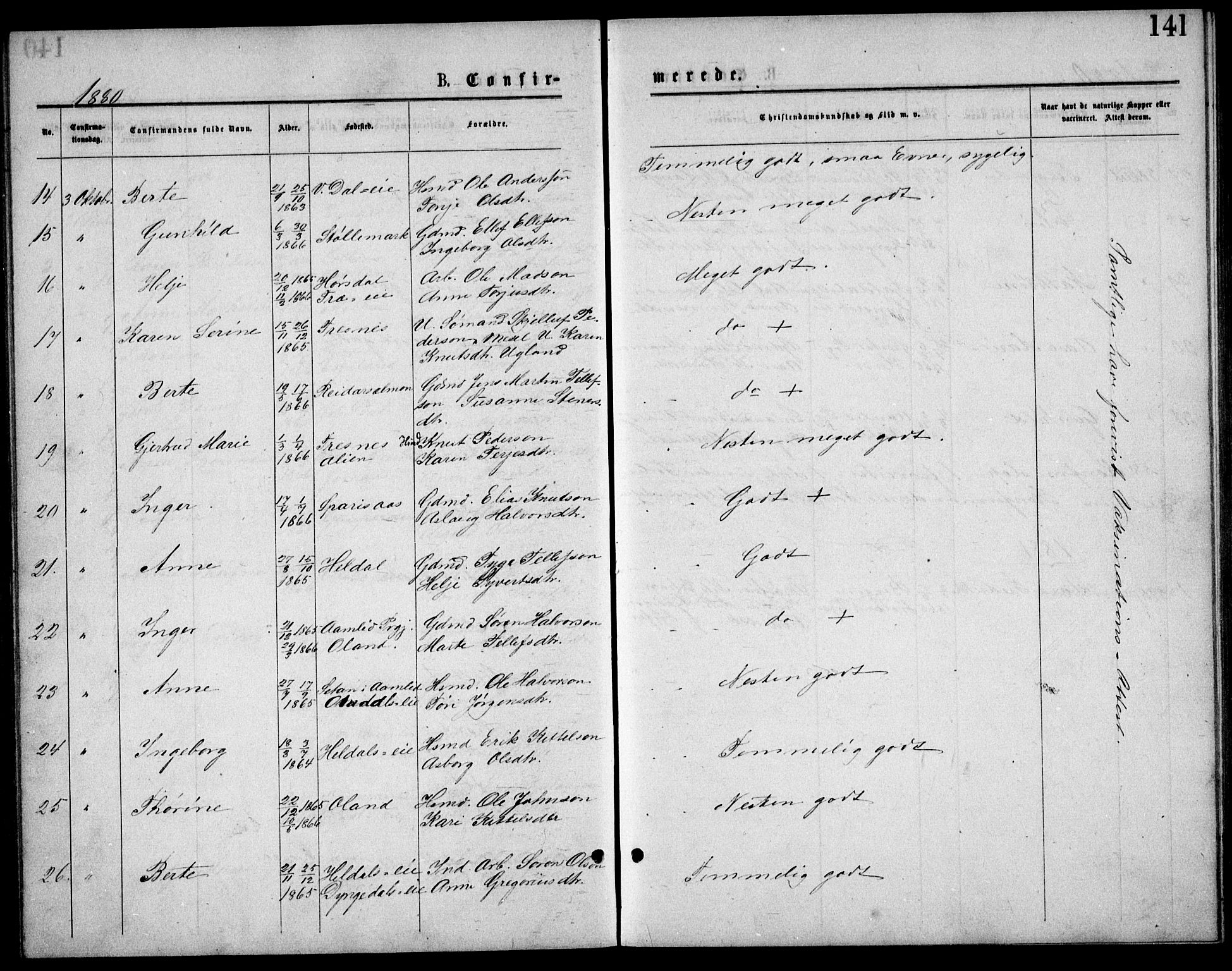 Froland sokneprestkontor, SAK/1111-0013/F/Fb/L0009: Parish register (copy) no. B 9, 1875-1893, p. 141