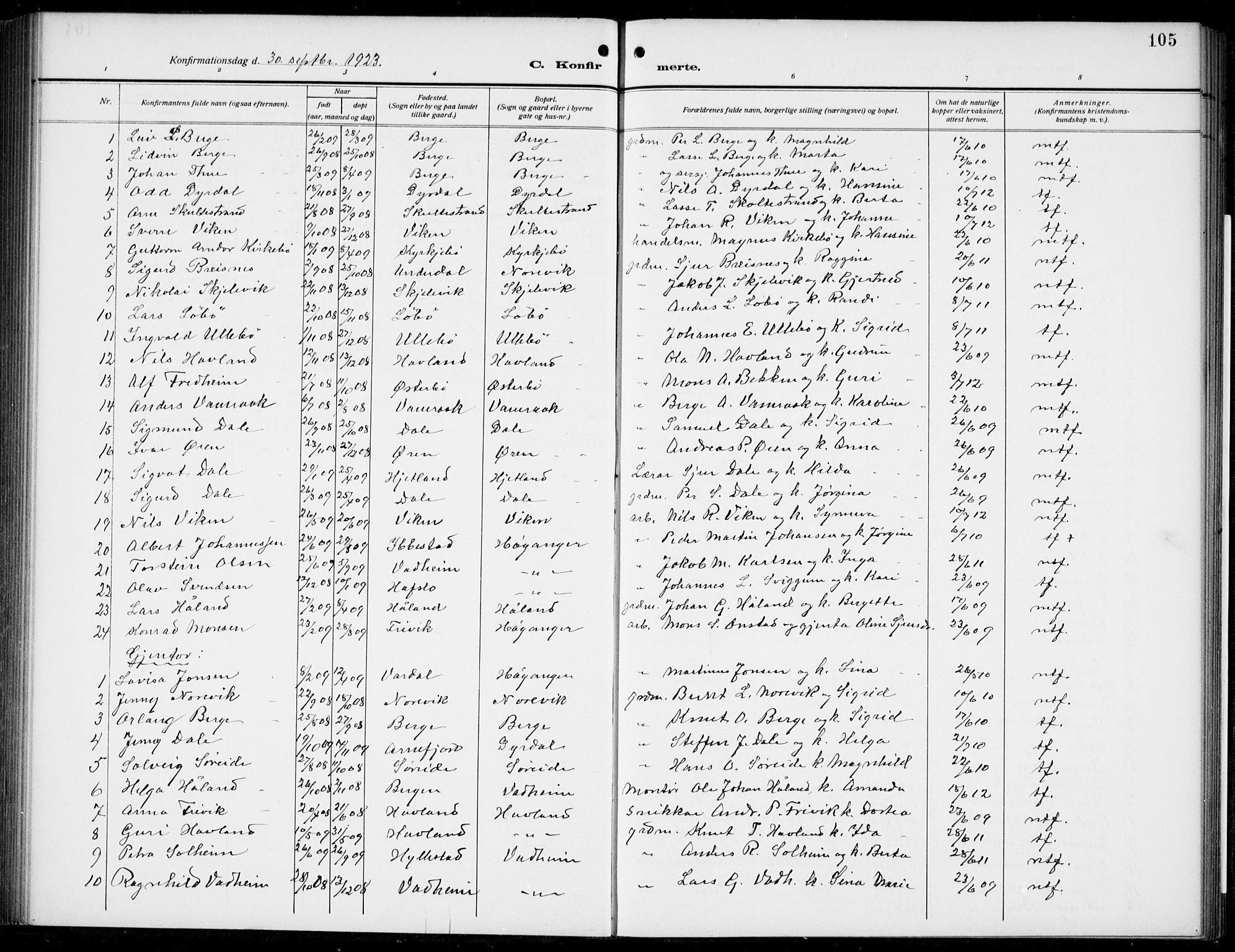 Lavik sokneprestembete, SAB/A-80901: Parish register (copy) no. B 4, 1914-1937, p. 105