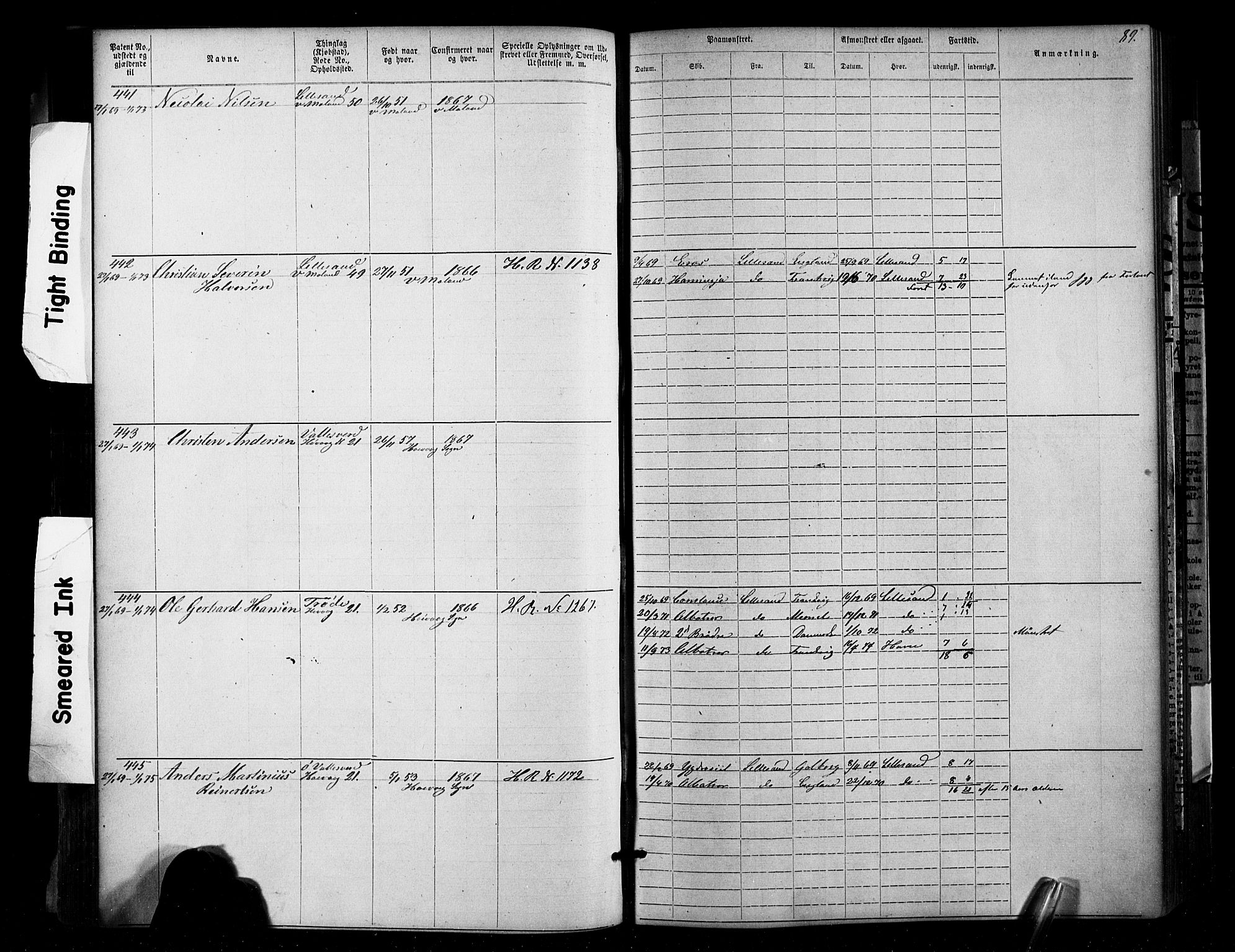 Lillesand mønstringskrets, SAK/2031-0014/F/Fa/L0002: Annotasjonsrulle nr 1-1910 med register, W-8, 1868-1891, p. 92