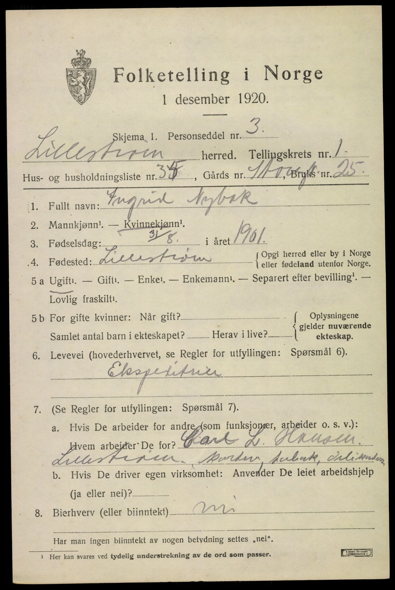 SAO, 1920 census for Lillestrøm, 1920, p. 2028
