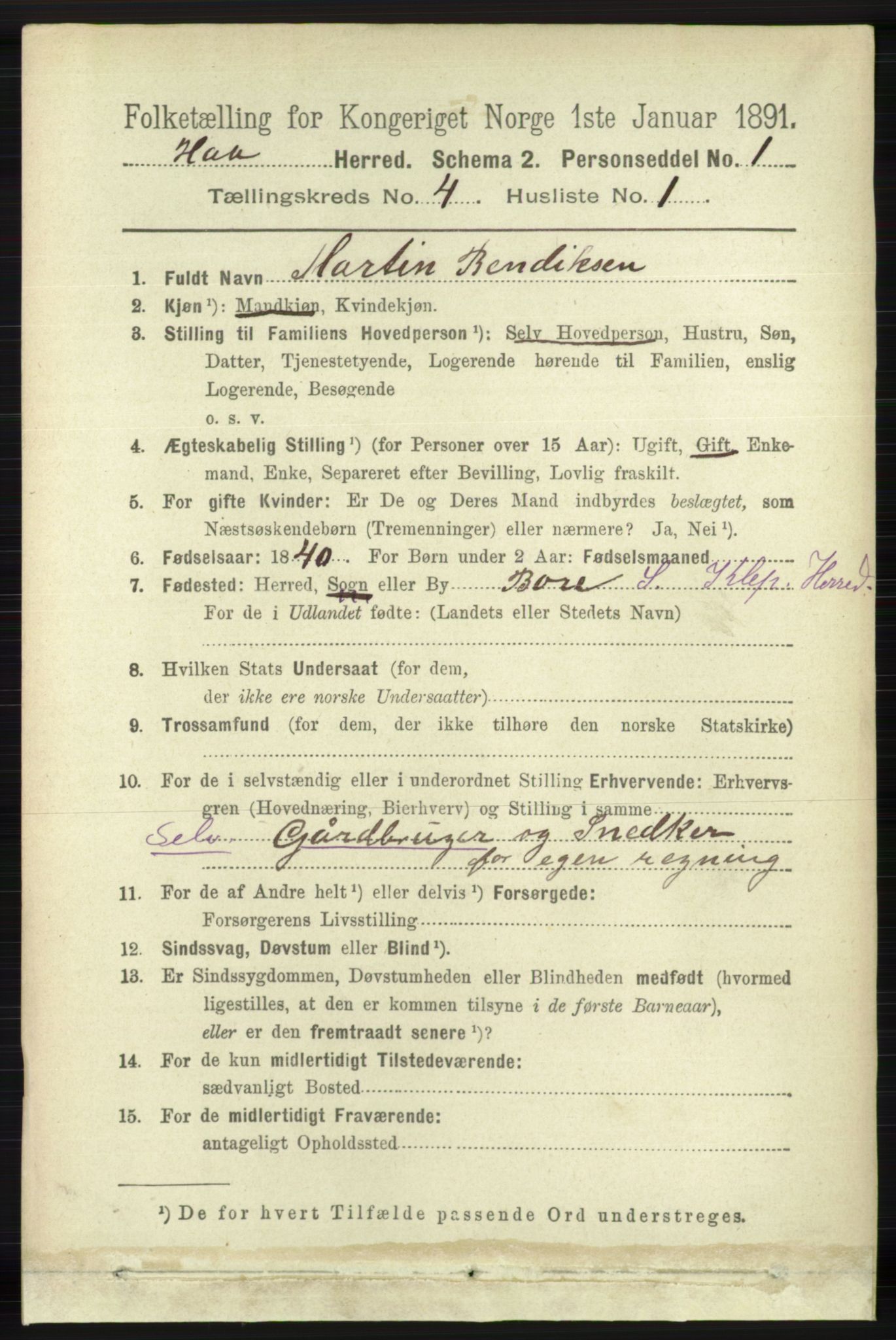 RA, 1891 census for 1119 Hå, 1891, p. 1050