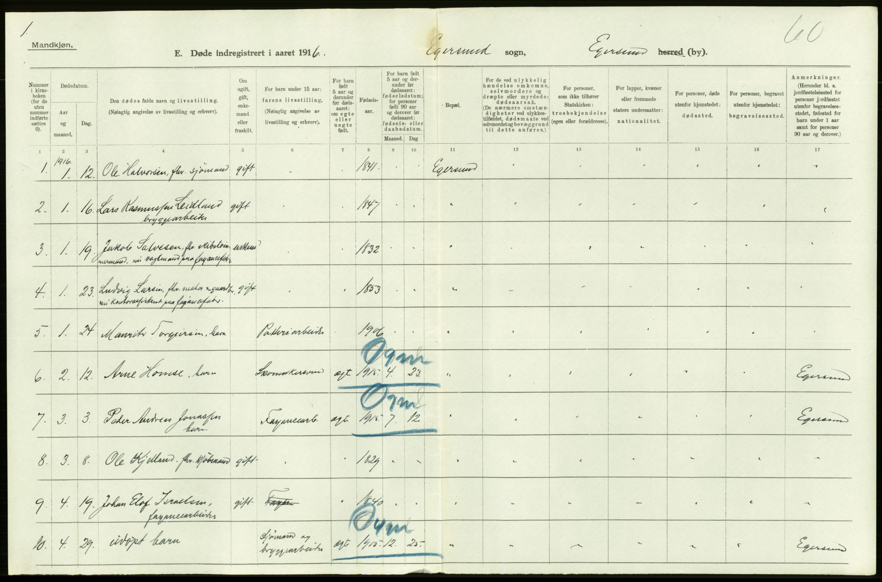 Statistisk sentralbyrå, Sosiodemografiske emner, Befolkning, AV/RA-S-2228/D/Df/Dfb/Dfbf/L0032: Stavanger amt: Døde. Bygder og byer., 1916, p. 6
