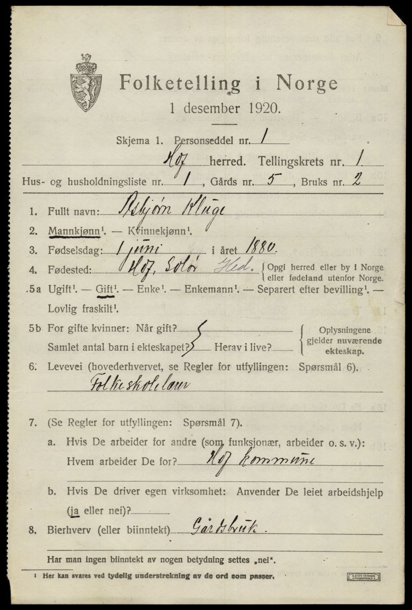 SAH, 1920 census for Hof, 1920, p. 1261