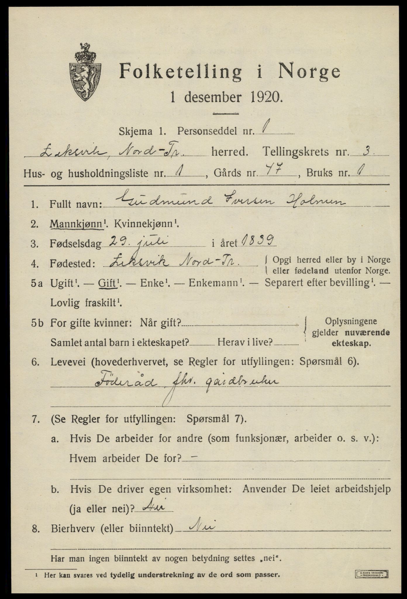 SAT, 1920 census for Leksvik, 1920, p. 2892