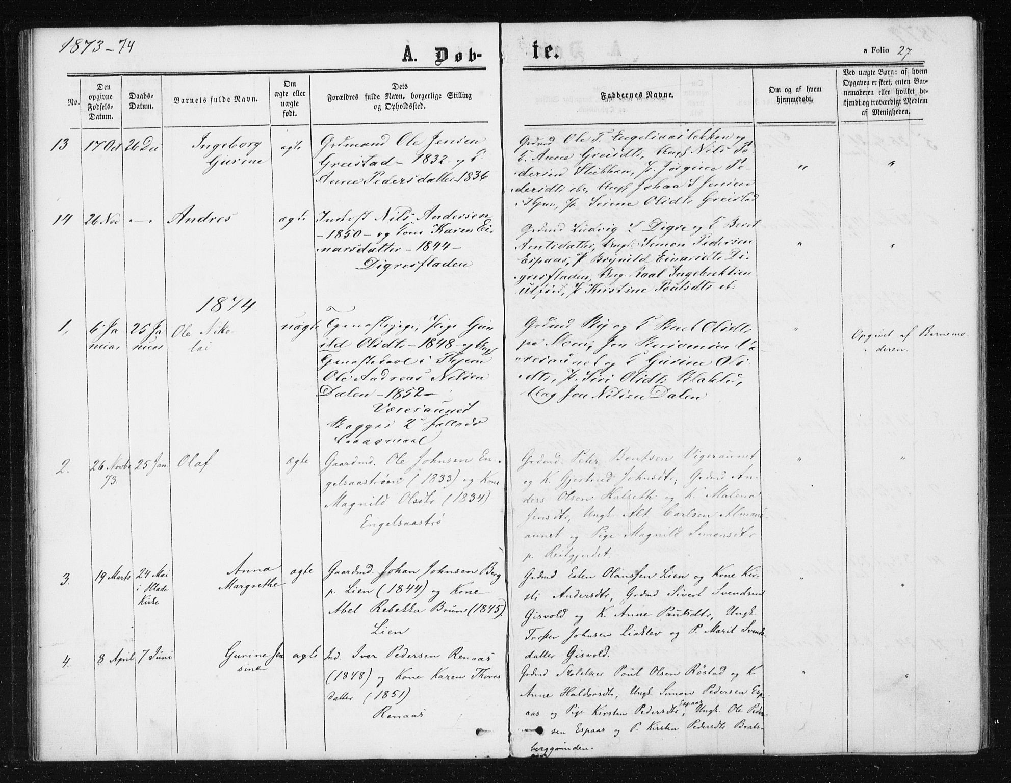 Ministerialprotokoller, klokkerbøker og fødselsregistre - Sør-Trøndelag, SAT/A-1456/608/L0333: Parish register (official) no. 608A02, 1862-1876, p. 27