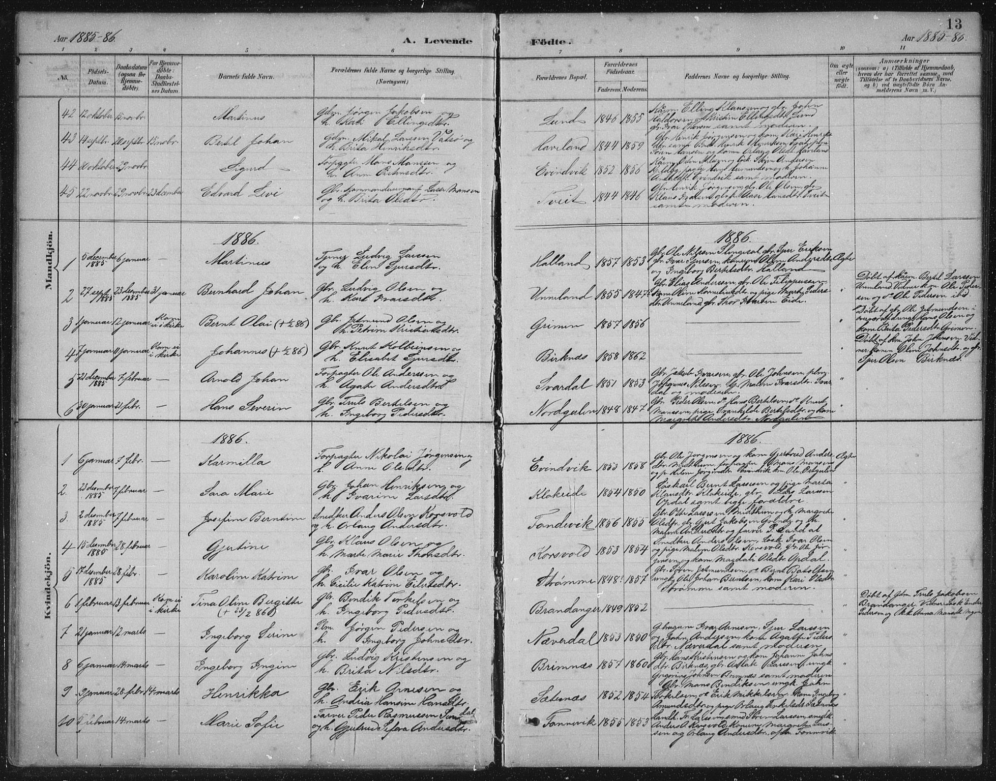 Gulen sokneprestembete, SAB/A-80201/H/Hab/Habb/L0003: Parish register (copy) no. B 3, 1884-1907, p. 13