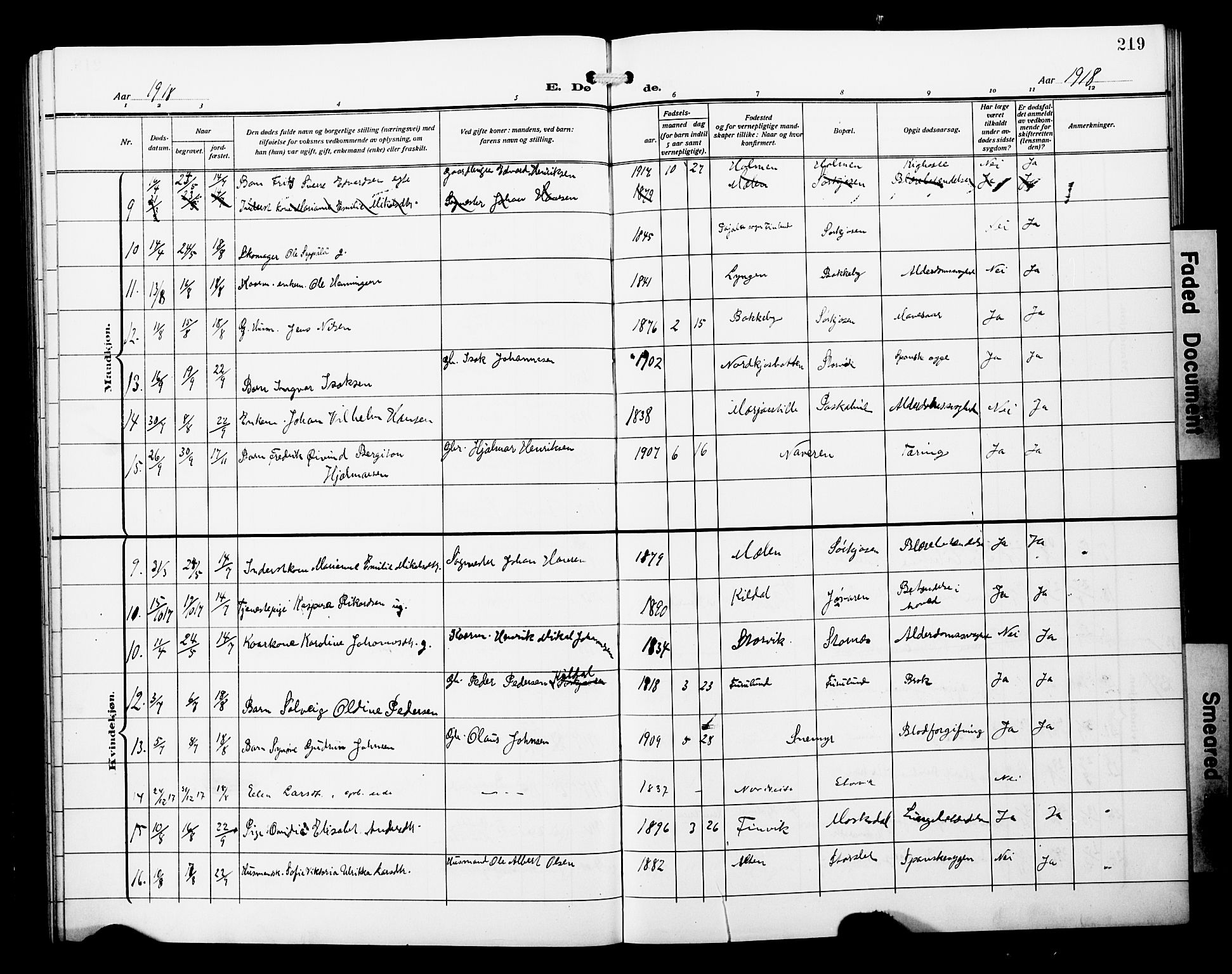 Skjervøy sokneprestkontor, SATØ/S-1300/H/Ha/Hab/L0022klokker: Parish register (copy) no. 22, 1910-1926, p. 219