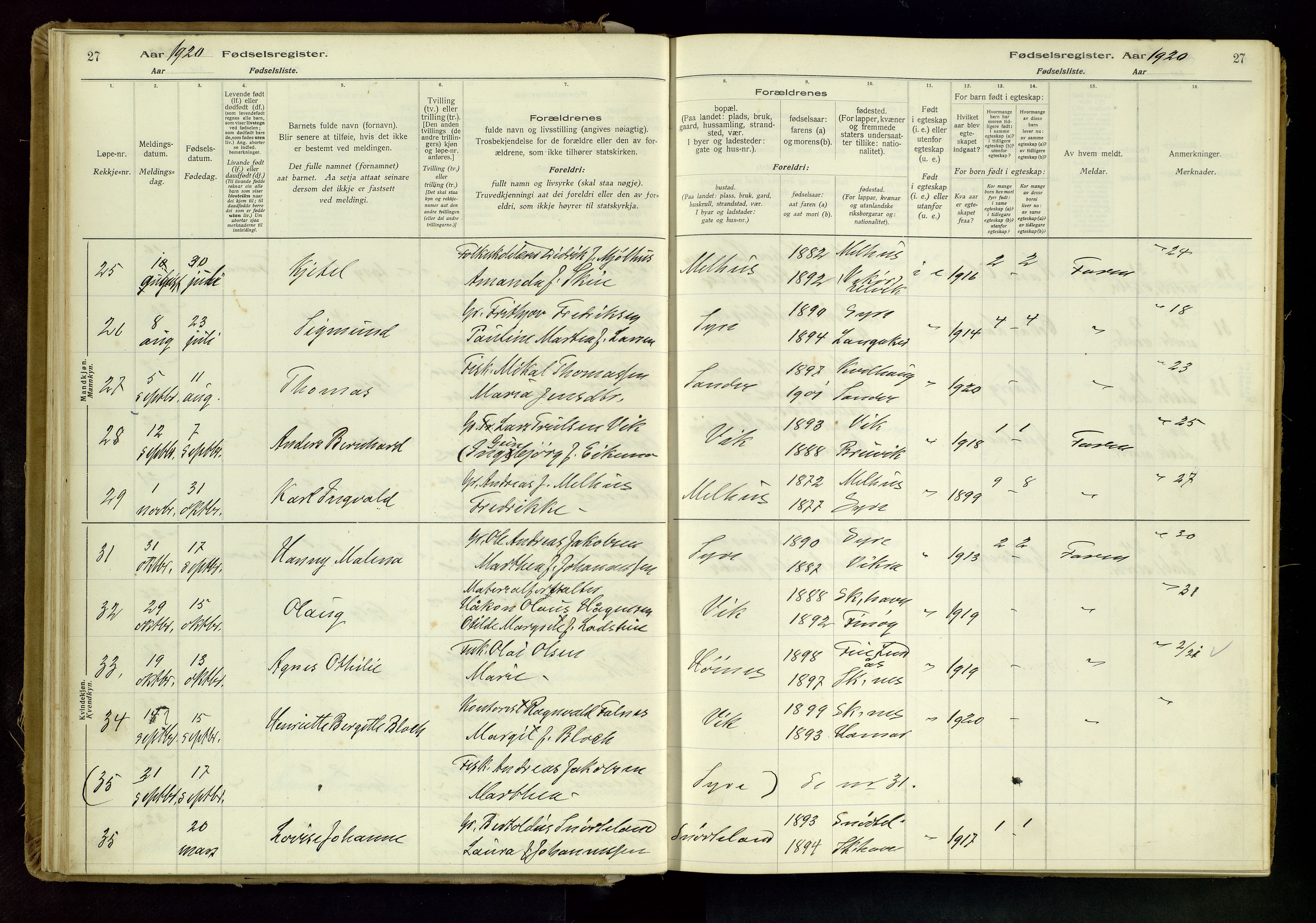 Skudenes sokneprestkontor, AV/SAST-A -101849/I/Id/L0001: Birth register no. 1, 1916-1964, p. 27